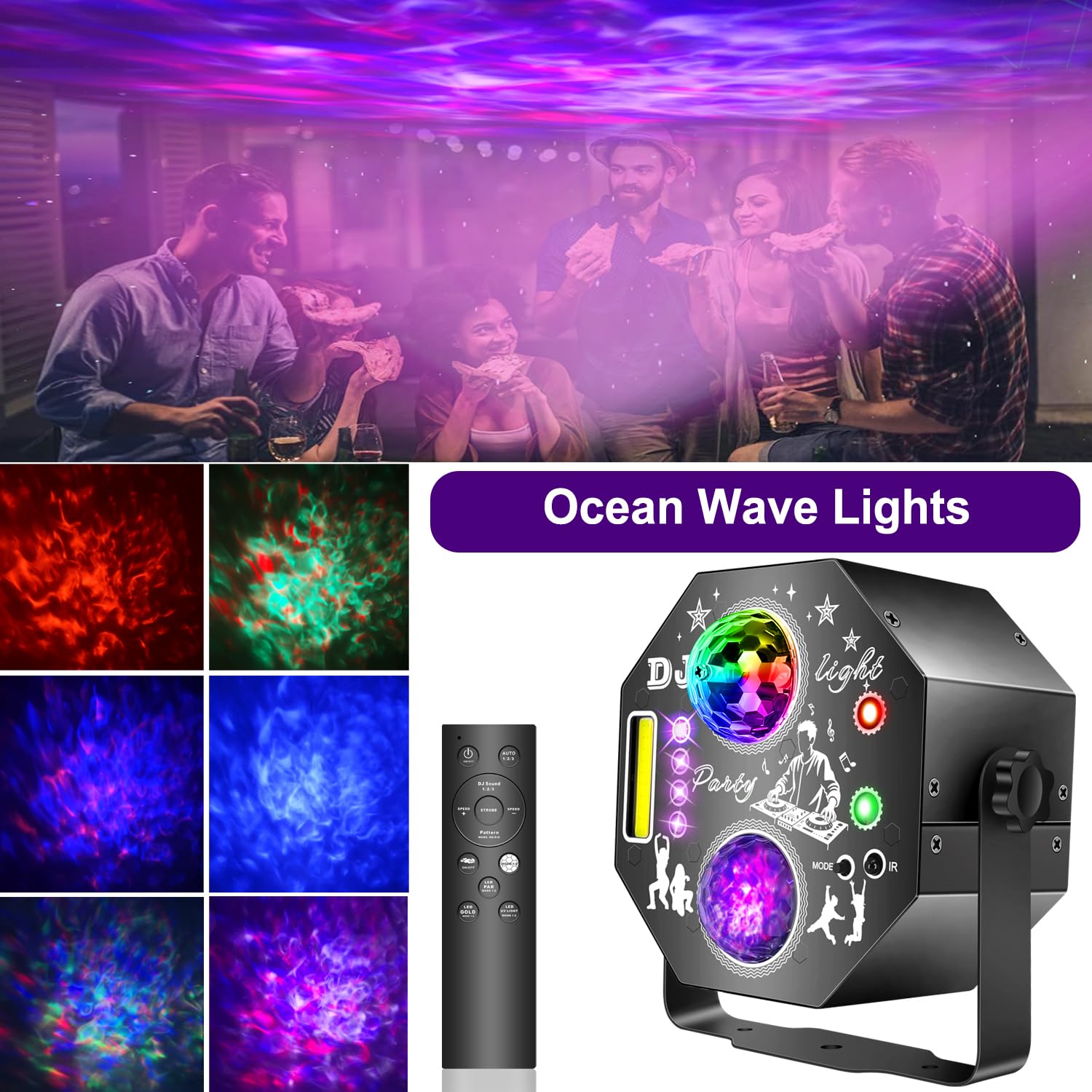 Disco-Lichter für Partys, Sound Aktivierte Partylichter mit Discokugel Stern Ozean Muster UV & LED PAR-Lichter RGB DJ Projektion mit Fernbedienung für Zuhause, Geburtstag, Karaoke, Hochzeit