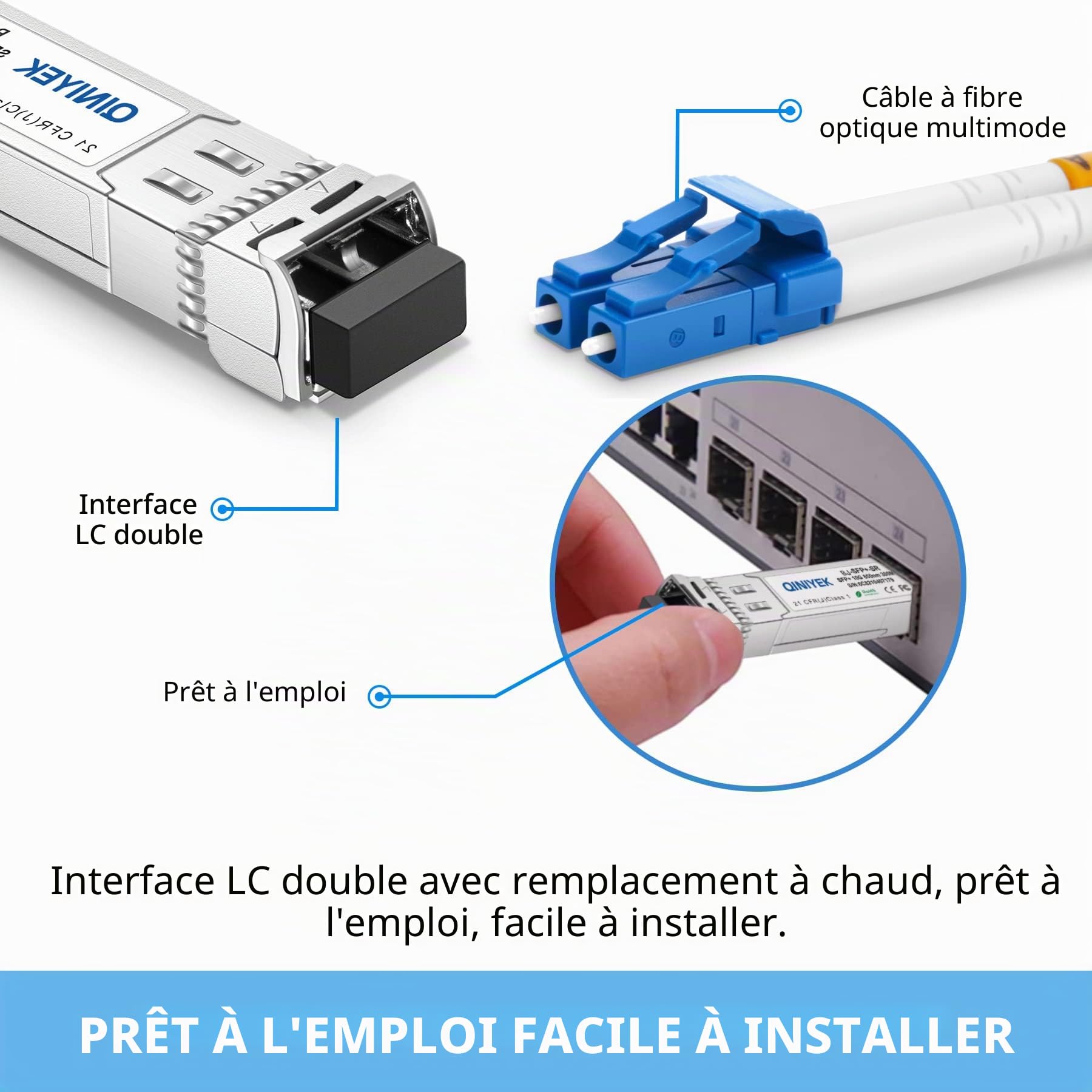 10GBase-SR Module SFP+ Optique, 10Gb multimode LC Transceiver Compatible pour Cisco SFP-10G-SR, Ubiquiti UF-MM-10G, Meraki MA-SFP-10GB-SR, Mikrotik, Fortinet, Zyxel, D-Link, Netgear(Lot de 10)