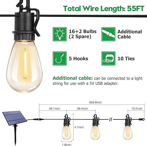 Miniatura 2 de Tira de luces solares de 55 pies para exteriores, impermeable, funciona con energía solar, luces de patio con 16 enchufes inastillables, tira de