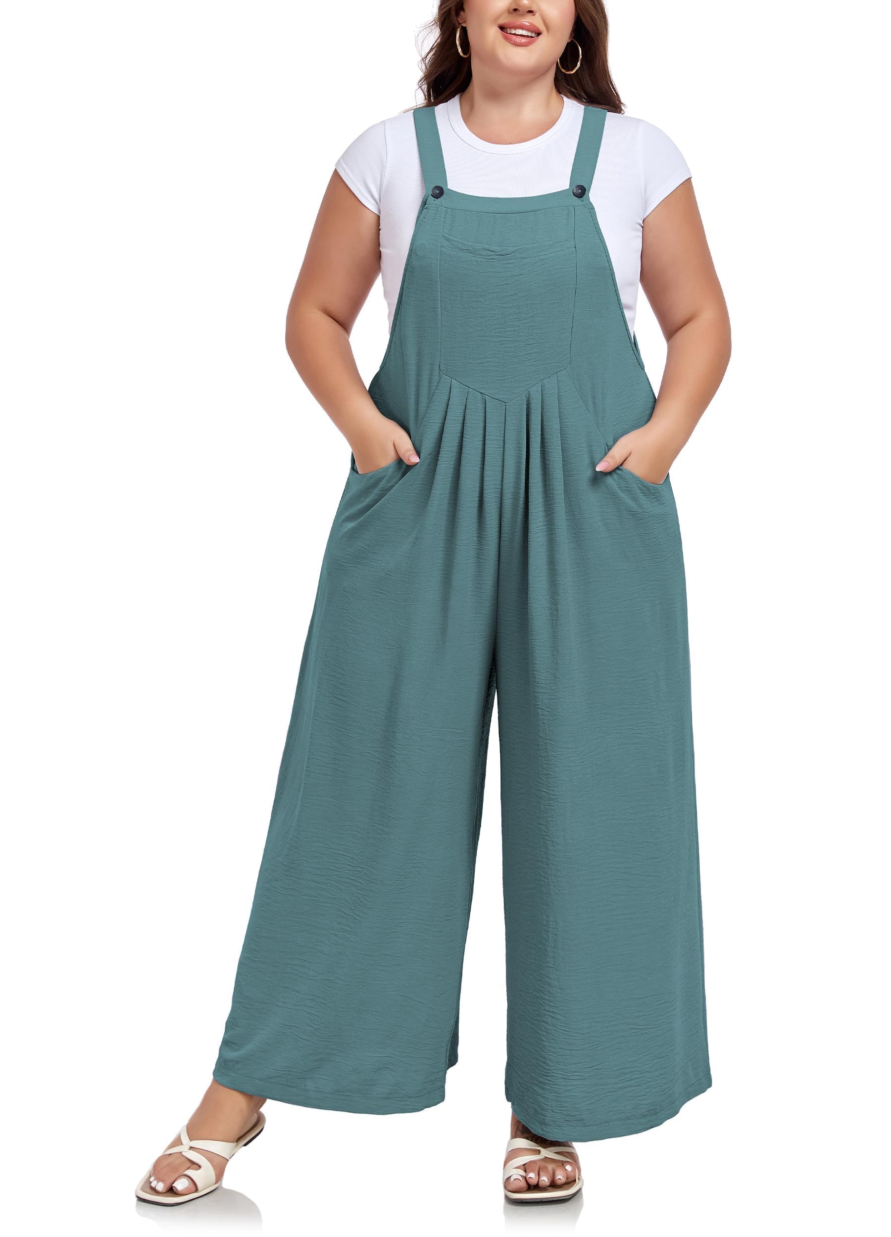 Moon Wood Plus Size Overalls for Women Loose Fit Bib Rompers Adjustable Straps Wide Leg Jumpsuits with Pockets
