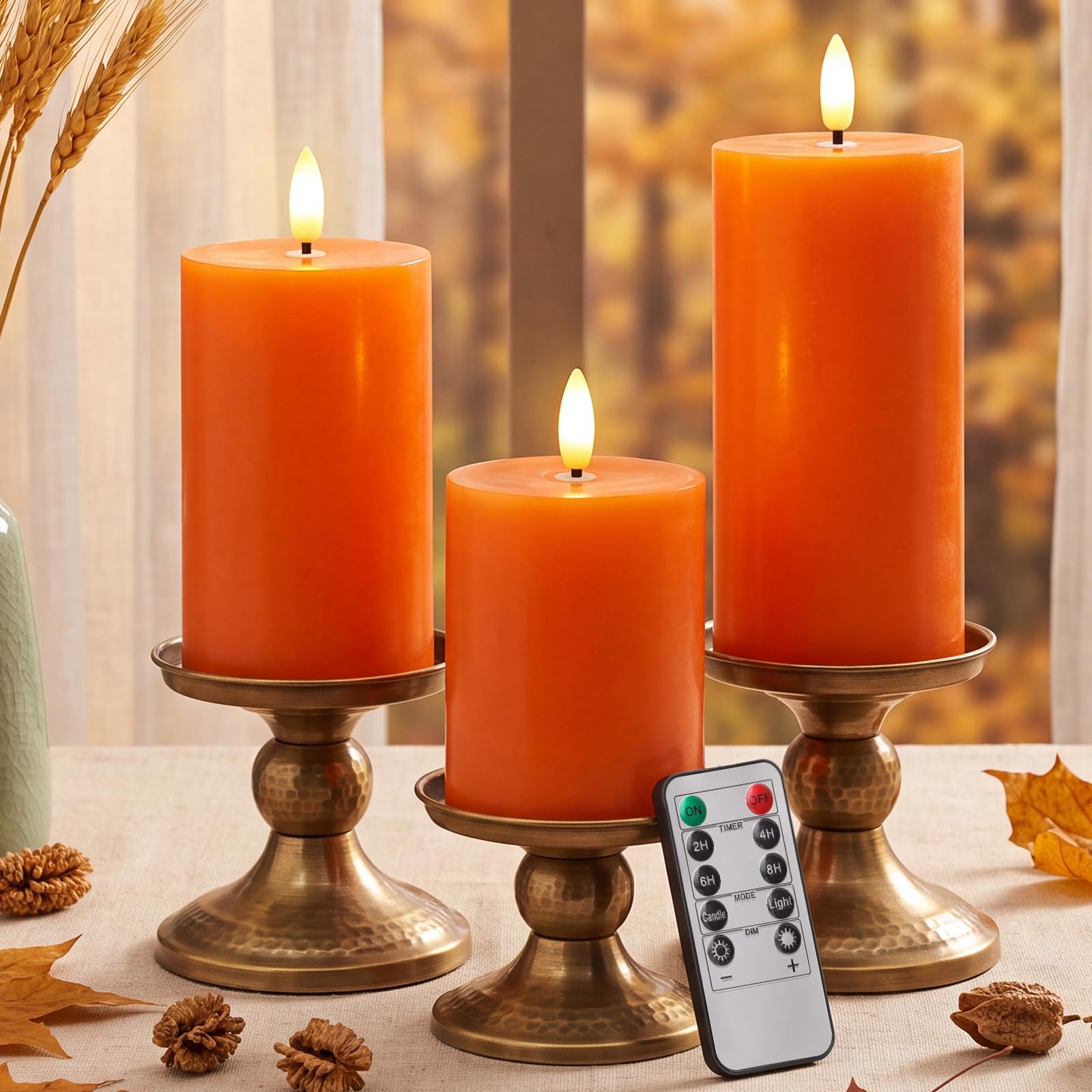 Retisee Set di 3 candele senza fiamma arancioni a LED in vera cera, con telecomando e timer, funzionamento a batteria, candele finte per il giorno del Ringraziamento, decorazione per la casa autunnale
