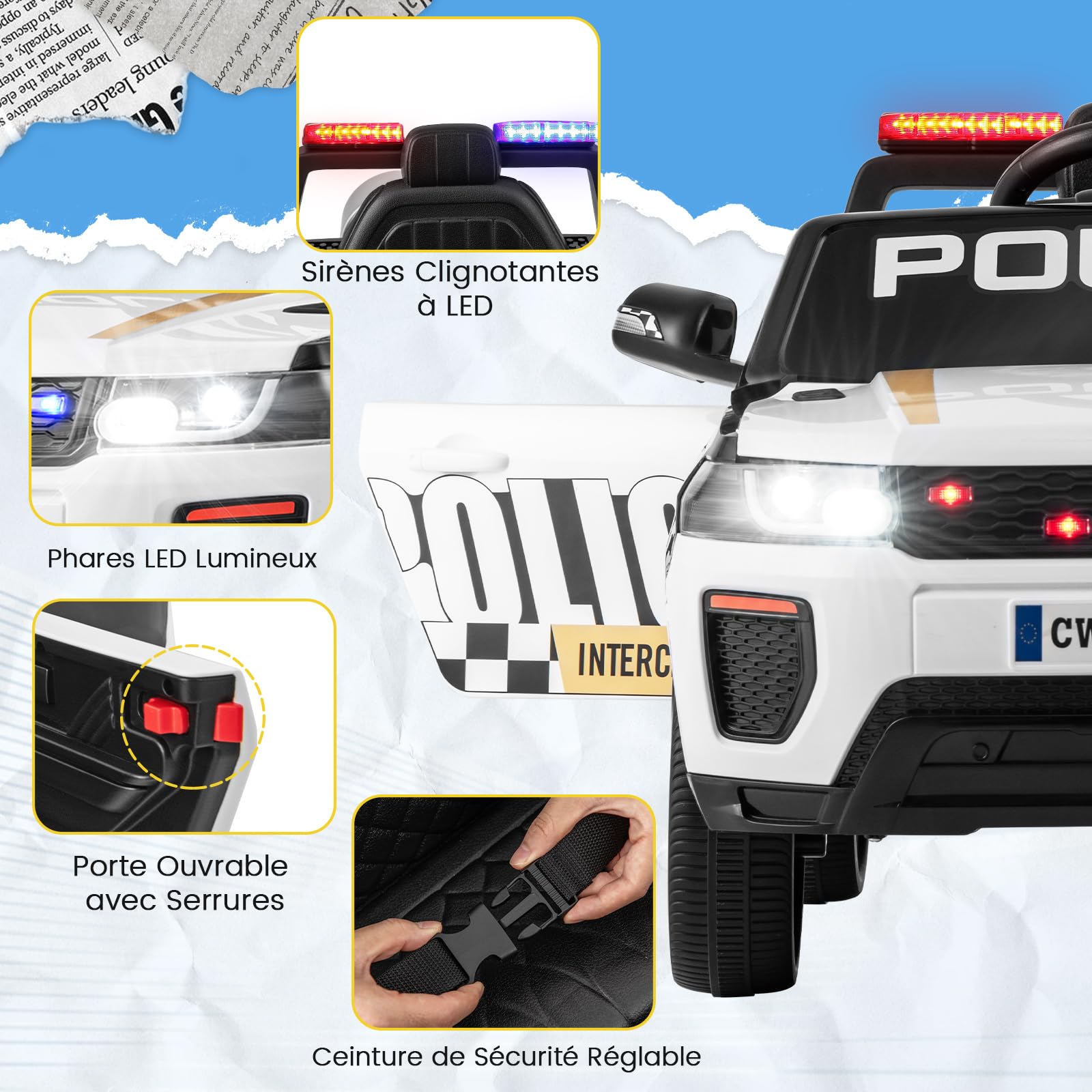 COSTWAY 12V Voiture Électrique Enfant en Forme Police avec Télécommande 2,4G, Véhicule Électrique Enfant 4x4 avec Musique & Lumières LED Clignotantes, 3 Vitesses, Charge 30kg pour 3-8 Ans (Blanc)