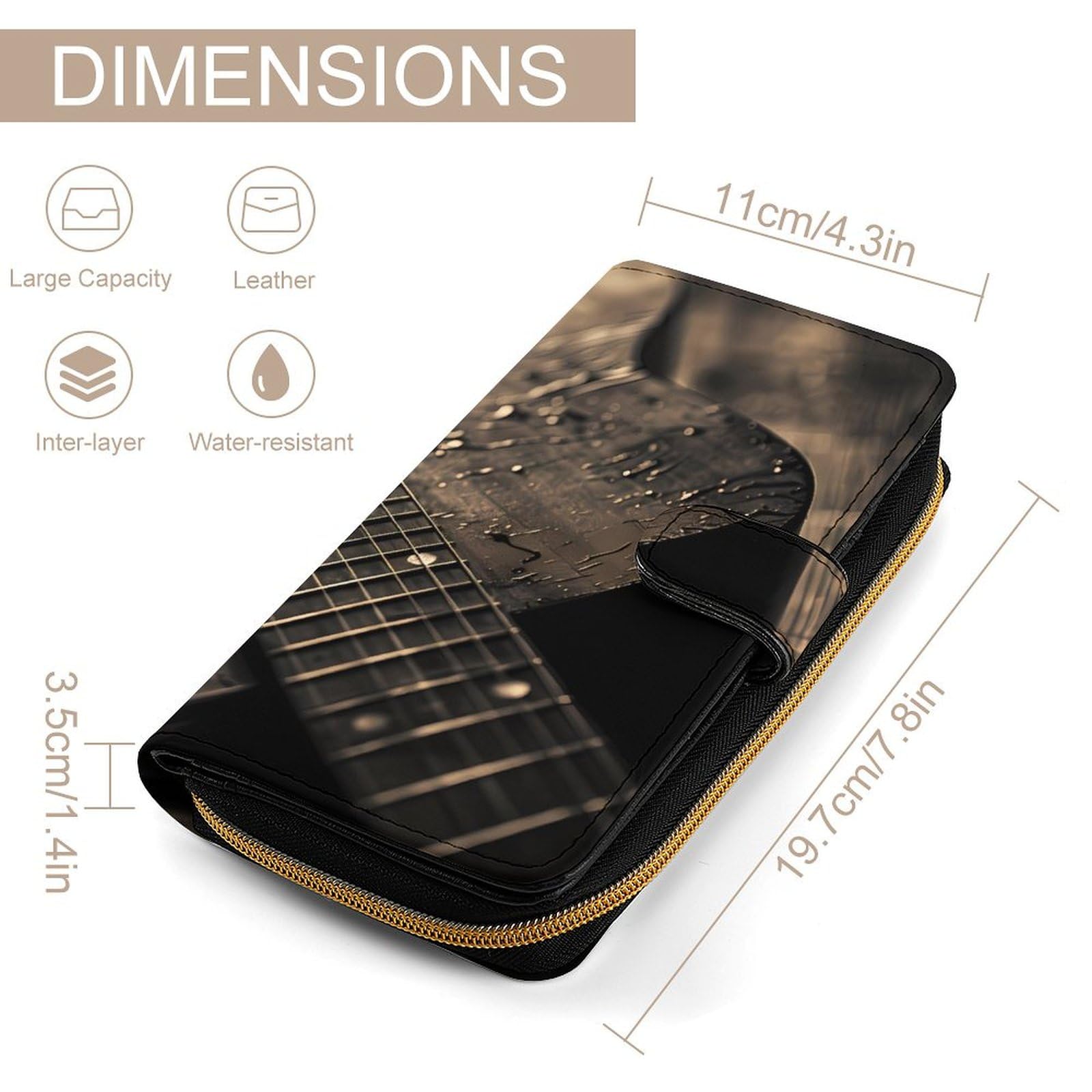 Acoustic Guitar Leather Long Pouch Wallet for Men And Women Large Capacity Clutch Cash Wallet with Zippered