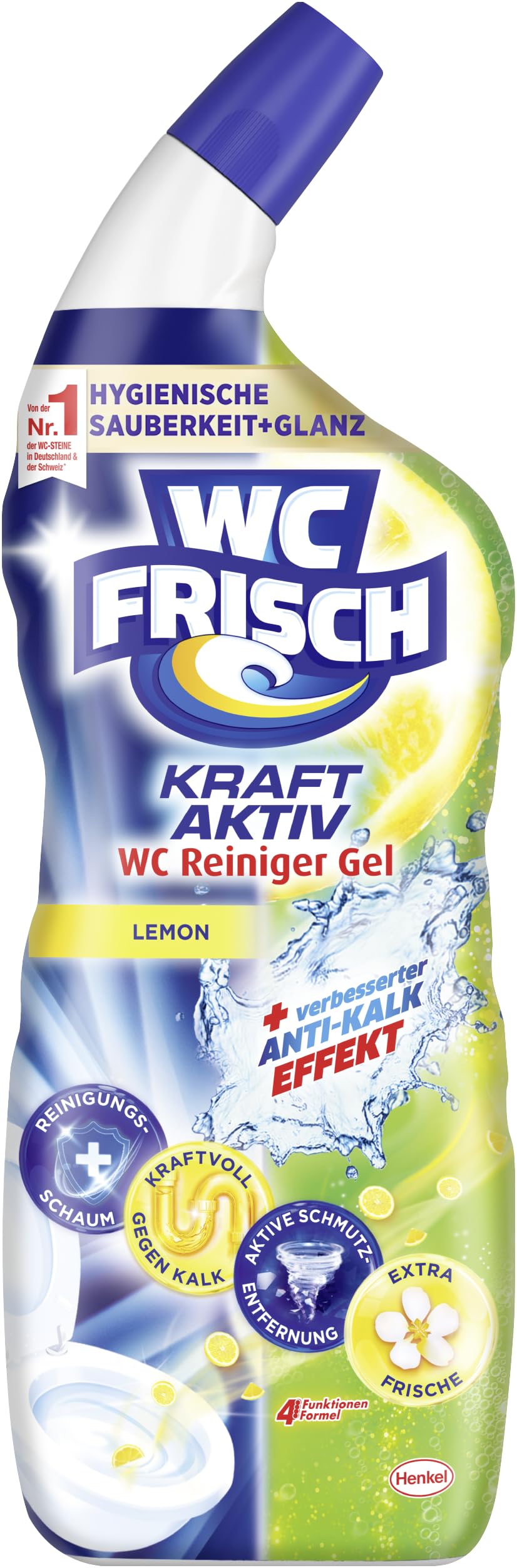WC-Frisch Detergente per WC Gel Limone (750 ml), detergente per WC con effetto deodorante per ambienti, detergente per WC garantisce freschezza igienica, con combinazione di 4 attivi