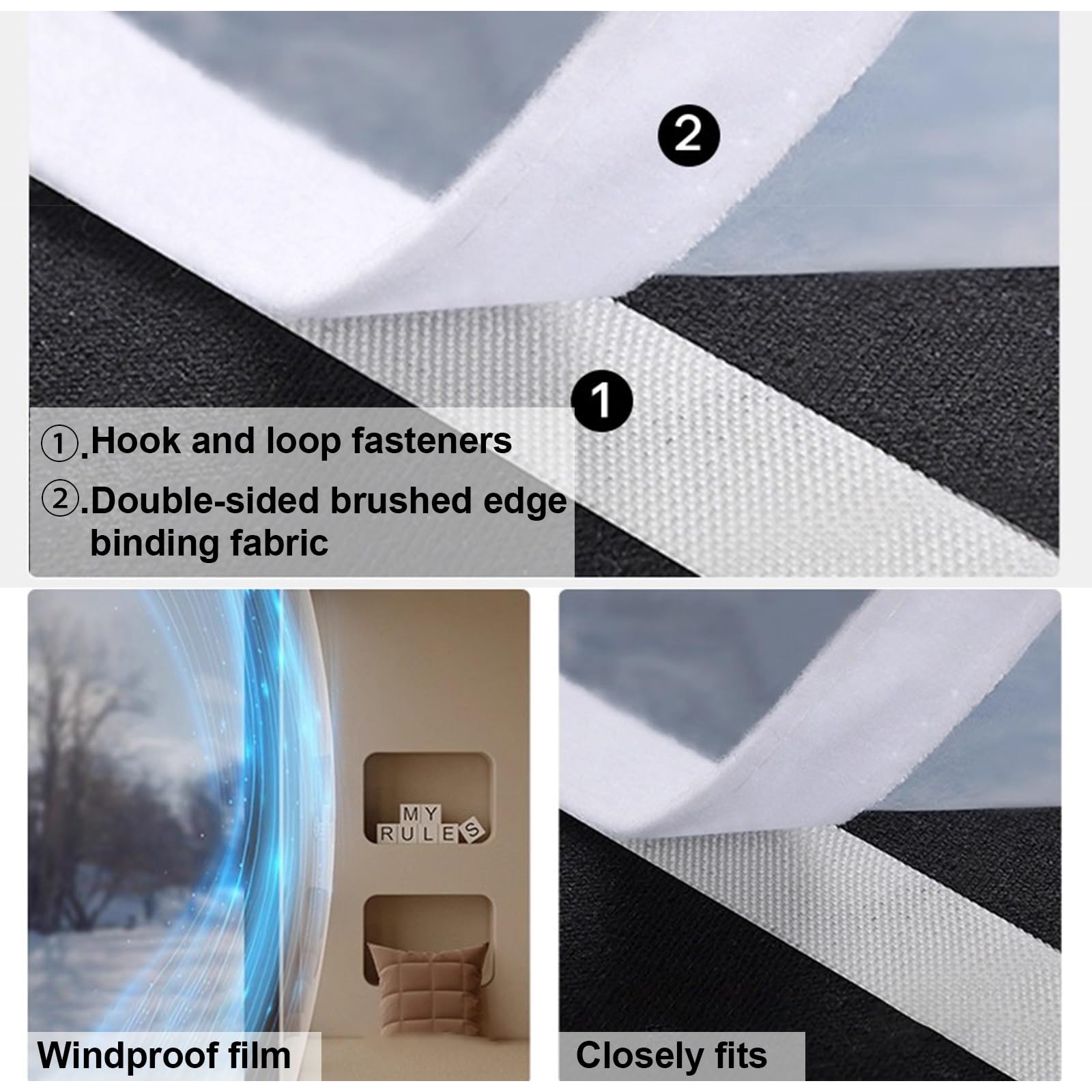 Isolierfolie Fenster, Thermofolie Fenster Gegen Kälte Transparent Selbstklebend PVC Material Winddicht Geräuschdämmung für Alte Undichte Fenster in Wohnungen Büros(White edge,W110 x H255cm)