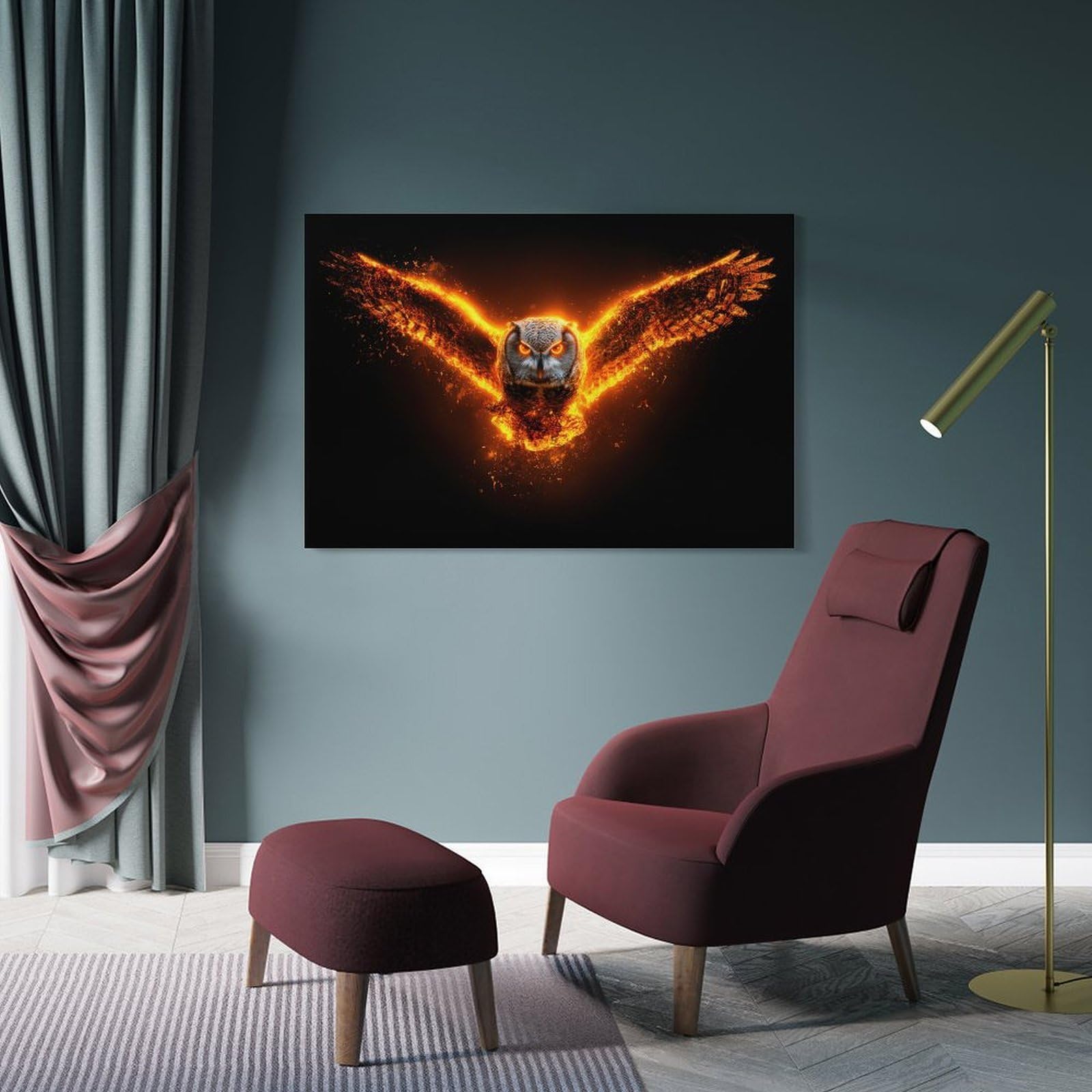 Junmoney Wall Decor Canvas Print Fiery Owl with Blazing Wings, 24x36inch(60x90cm), for Front Hall, Corridor Or Welcome Spaces, A Neat Decor Update for Hallways