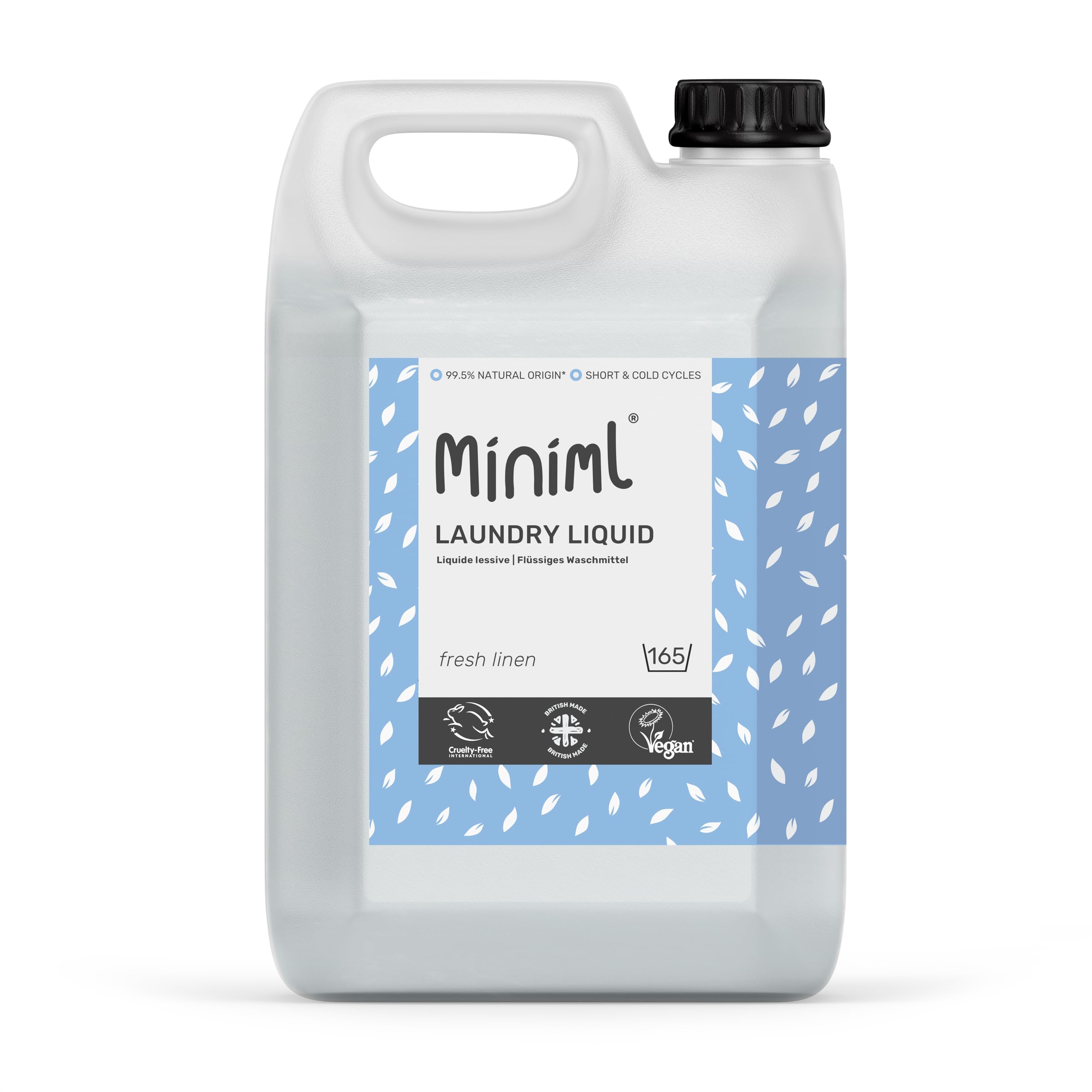 Miniml Eco Laundry Liquid Washing Detergent 5L Refill - Natural Non Bio Fresh Linen Scented Clothes and Fabric Softener for Machine or Delicate Hand Cleaning - 100% Vegan & Cruelty Free (165 Washes)