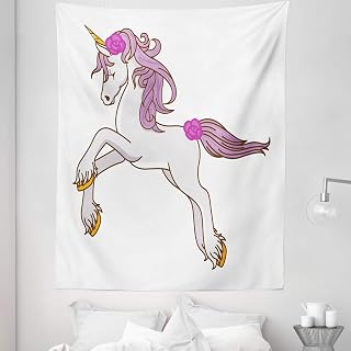 Unicorn Party Tapestry Twin Size, Cartoon Image of Horse Mane and Tail with Flowers, Wall Hanging Bedspread Bed Cover Wall Decor, 68" X 88", White Mauve