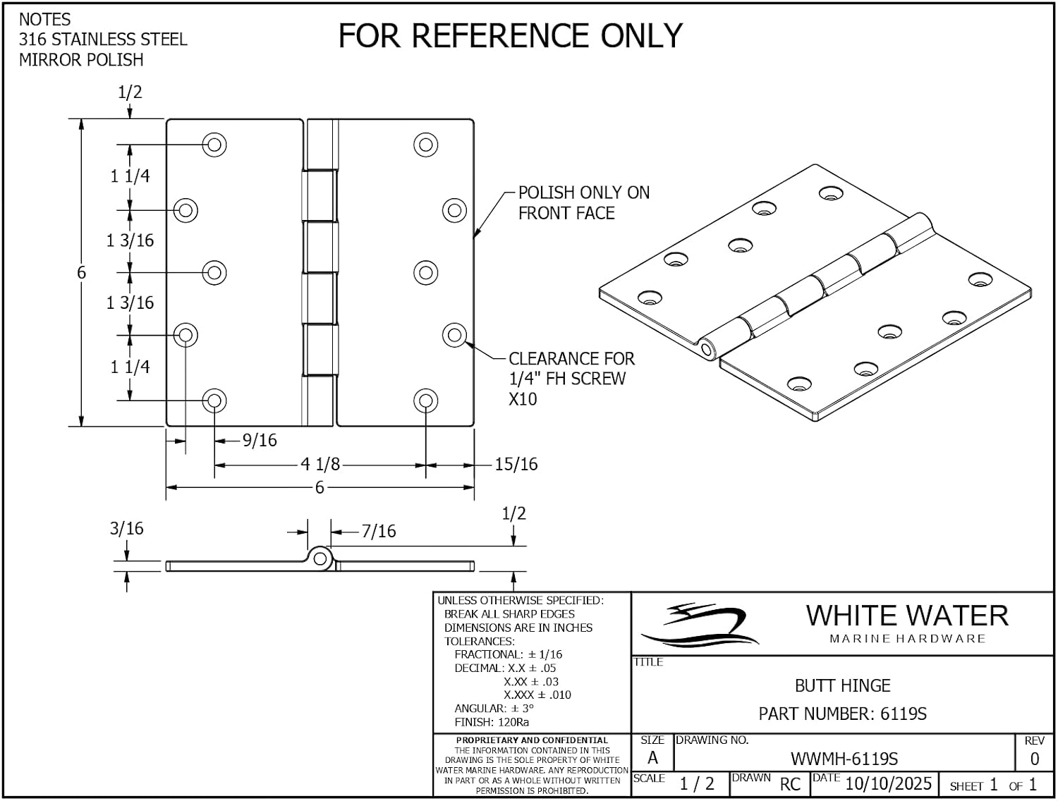 White Water 6119S Stainless Butt Hinge 6" x 6"
