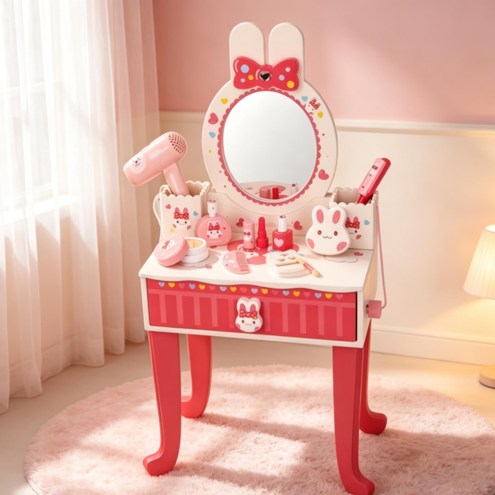 Tocador con Espejo Compacto Mesa Maquillaje con Espejo Resistente Mueble para Niñas, Niños