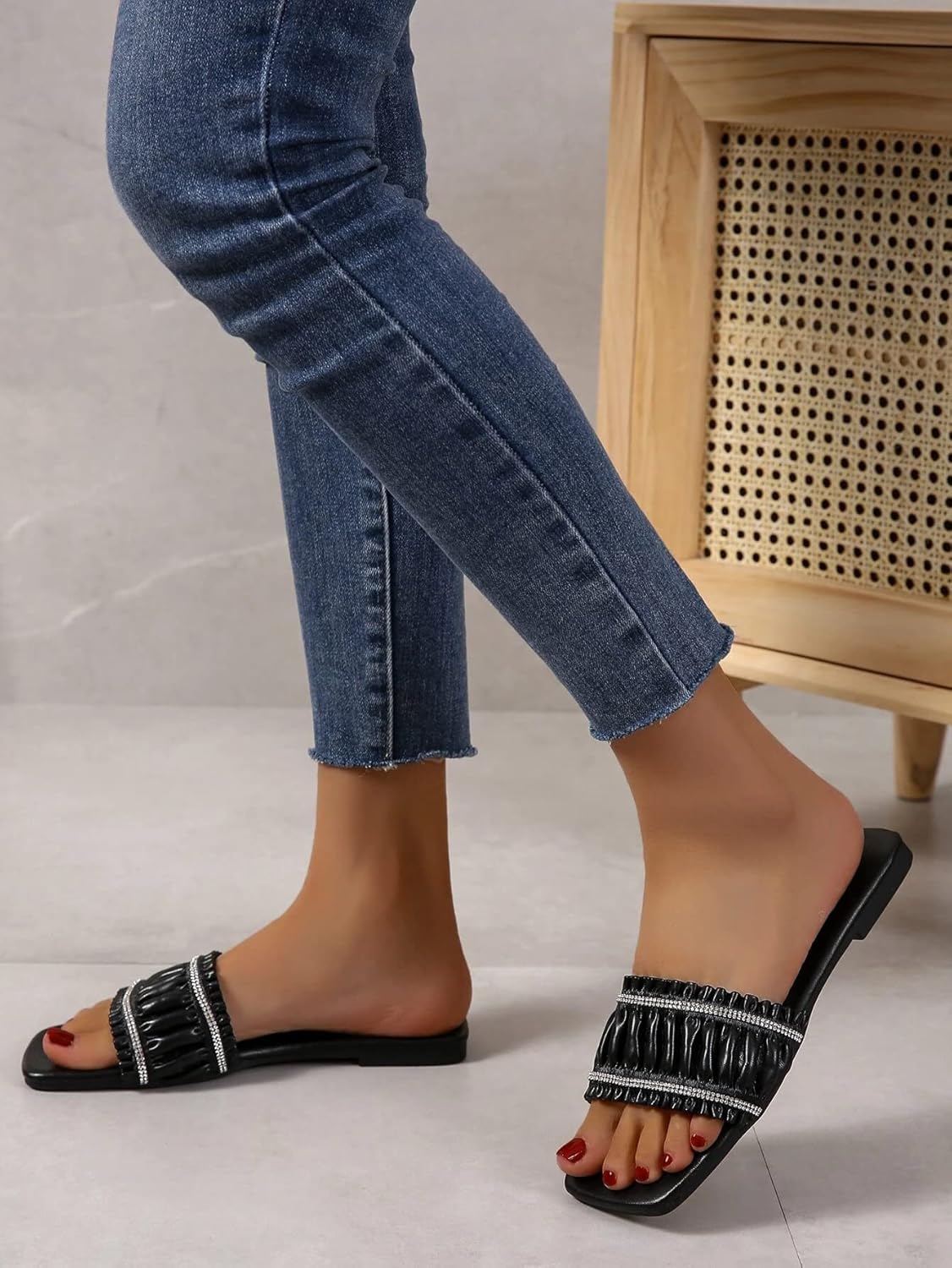 REDTOP Women's Square Open Toe Ruffle Flat Sandals Rhinestone Slip On Slides Sandals