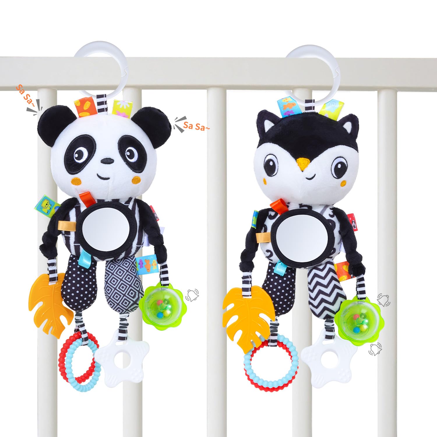Noir et Blanc Jouets Bébés,Peluche Animal Suspension Hochets Jouet,Bébés Jouet Sensoriel,Nouveau-nés Poussette Jouets Cadeau pour Garçons et Filles 0 3 6 9 12 Mois