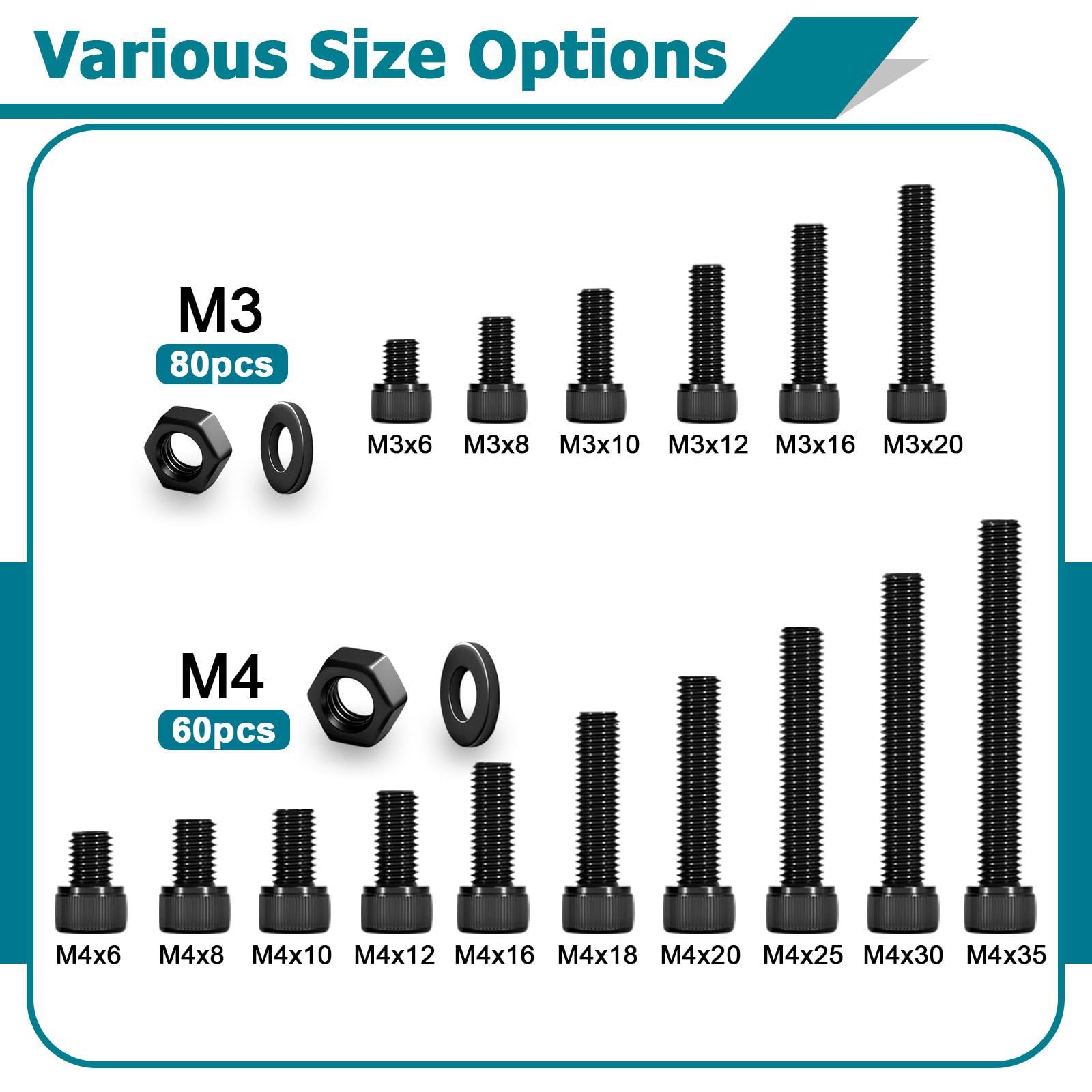 60 Pezzi M4x10mm Viti a Testa Cilindrica con Esagono Incassato, Set viti e dadi M4 Bulloni con testa esagonale dadi e rondelle in Acciaio al Carbonio Nero-Per Macchina