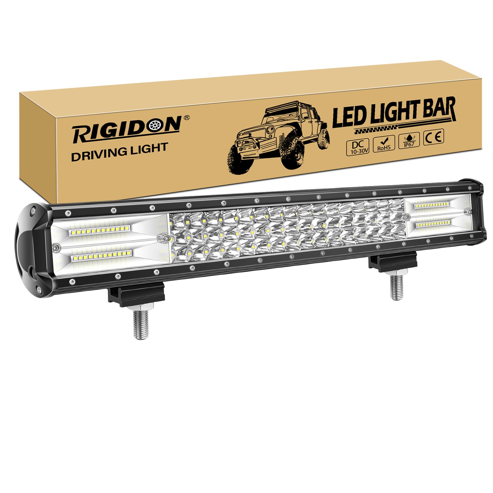 RIGIDON Listwa świetlna LED do jazdy 50 cm288 W, 7D trójrzędowy 12 V 24 V do samochodów terenowych ciężarówek SUV UTE ATV 4 x 4, wiązka punktowa powodziowa, wodoodporna lampa robocza, 6000 K białe światło przeciwmgielne