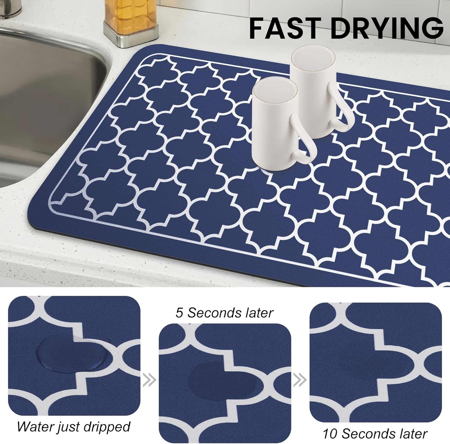 WISELIFE Dish Drying Mat Super Absorbent Drying Mat Large Dish Drying Mats for Kitchen Counter Easy Clean Dish Mat Kitchen Drying Mat18"x 36" Stylish Blue
