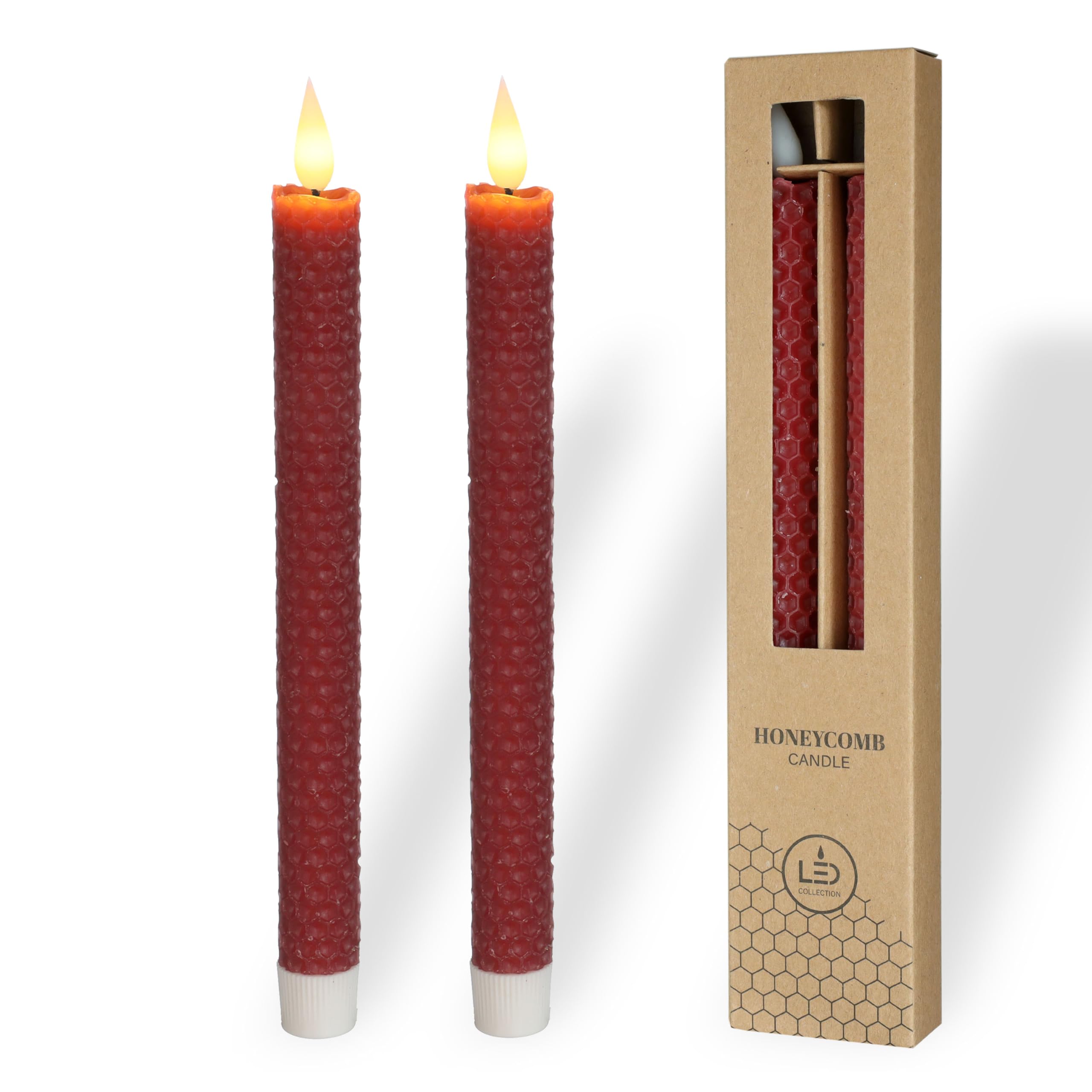 comforder Velas LED de cera auténtica con llama parpadeante (juego de 2), velas eléctricas con función de temporizador, funcionan con pilas, aspecto de panal de abeja (burdeos)