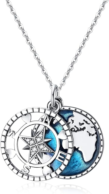 YFN Sterling Silver Navy Blue Anchor Travel Map Necklace Compass Jewelry for Men Women 18 Inch + 2 Inch