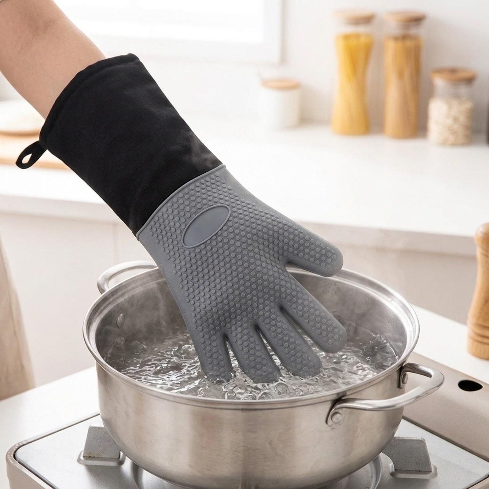 Lot de 5 Gants de Cuisine Extra Longs, Imperméables, Professionnels et Multifonctionnels, avec Poignée en Silicone Résistante à La Chaleur, pour, 4 pièces