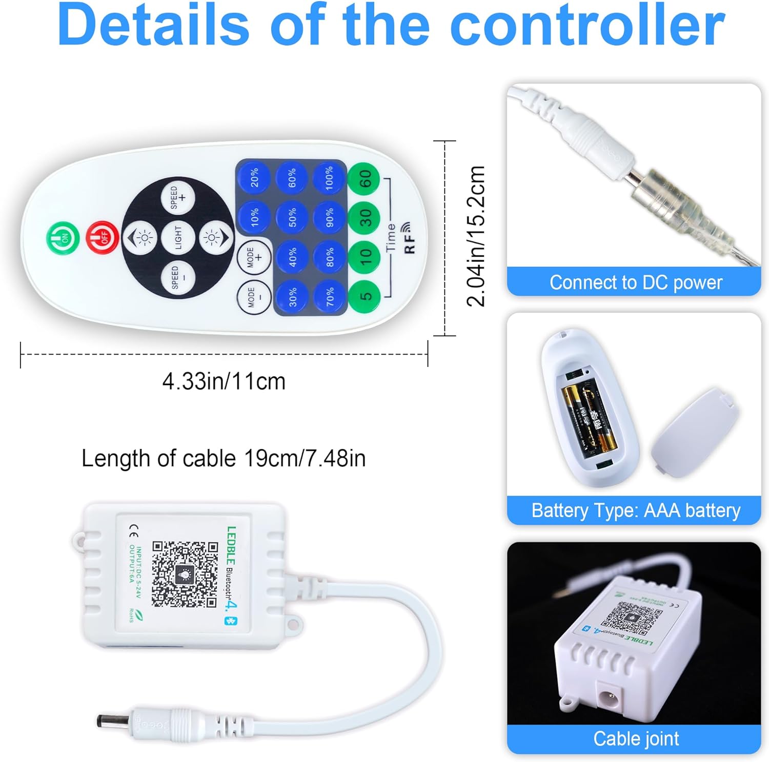 Remote Controller for Single Color LED Strip Lights, 23-Key Bluetooth Remote Control with APP Control Music Sync, Dimmer for 12V DC LED Ribbon, LED Neon Sign, Cabinet Lights, Shelf Lights