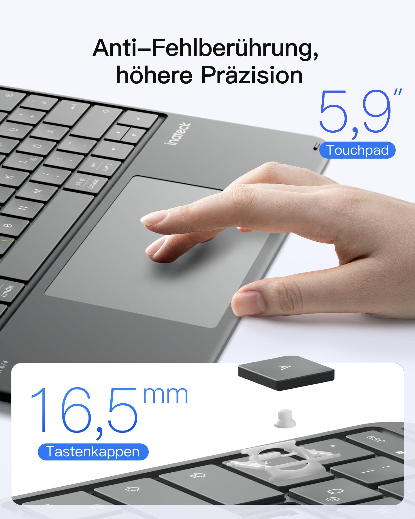 Inateck leichte Bluetooth-Tastatur, großes Touchpad, große Tasten | 3 Bluetooth-Kanäle, QWERTZ, kompatibel mit iPad, Tablets, Windows, Laptops & PCs