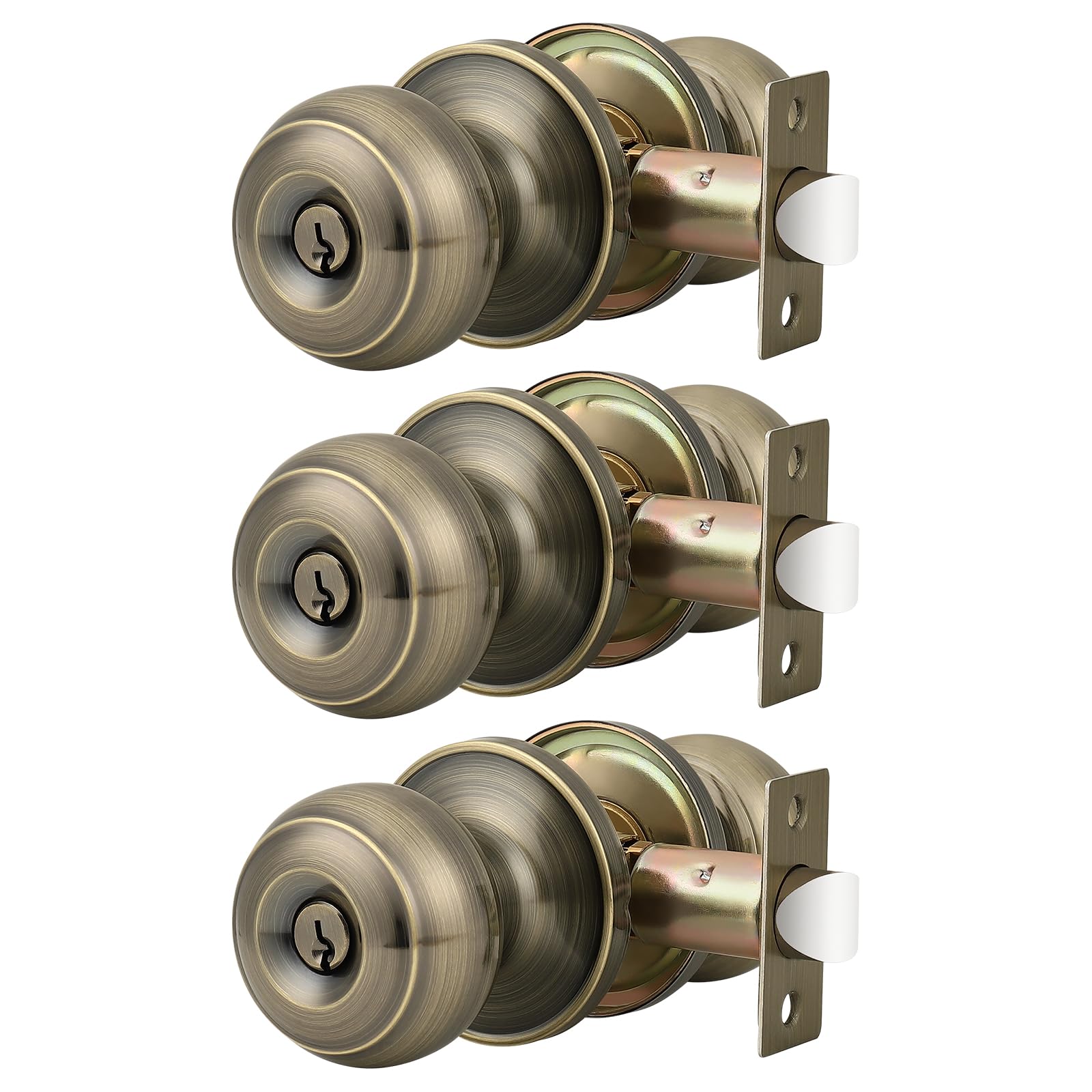 Antique Brass Door Knobs - Keyed Alike Lockset (Pack of 3) -1