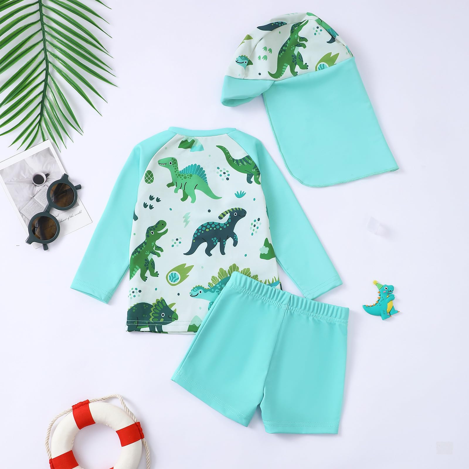 Baby N -Set für Jungen mit Dinosaurier-Print, langärmeliges Rashguard-Schwimmshirt mit Badehose Mütze für Babys Kleinkinder von 0 bis 3 Jahren, Sommer-Strand-Pool-Outfit (Mint Green2, 3-6 Months)