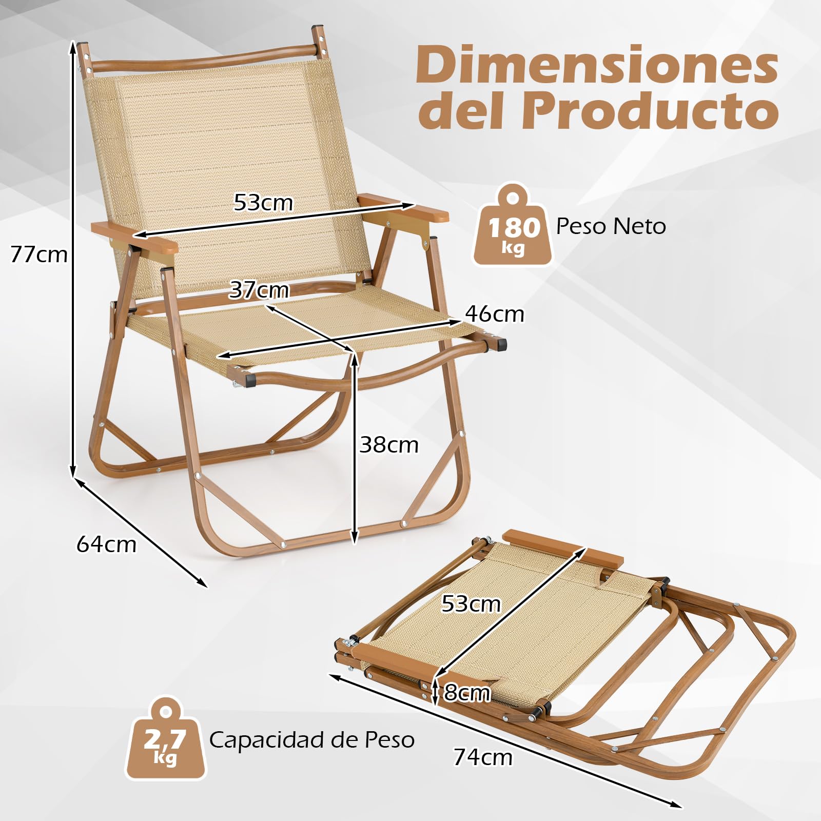 COSTWAY 2 Sillas Plegables Camping, Estructura de Aluminio, Tela Texiliene, Silla Pórtatil con Reposabrazos Playa Piscina Jardin Terraza Exteriores y Interiores, 64 x 53 x 77 cm, Carga 180kg