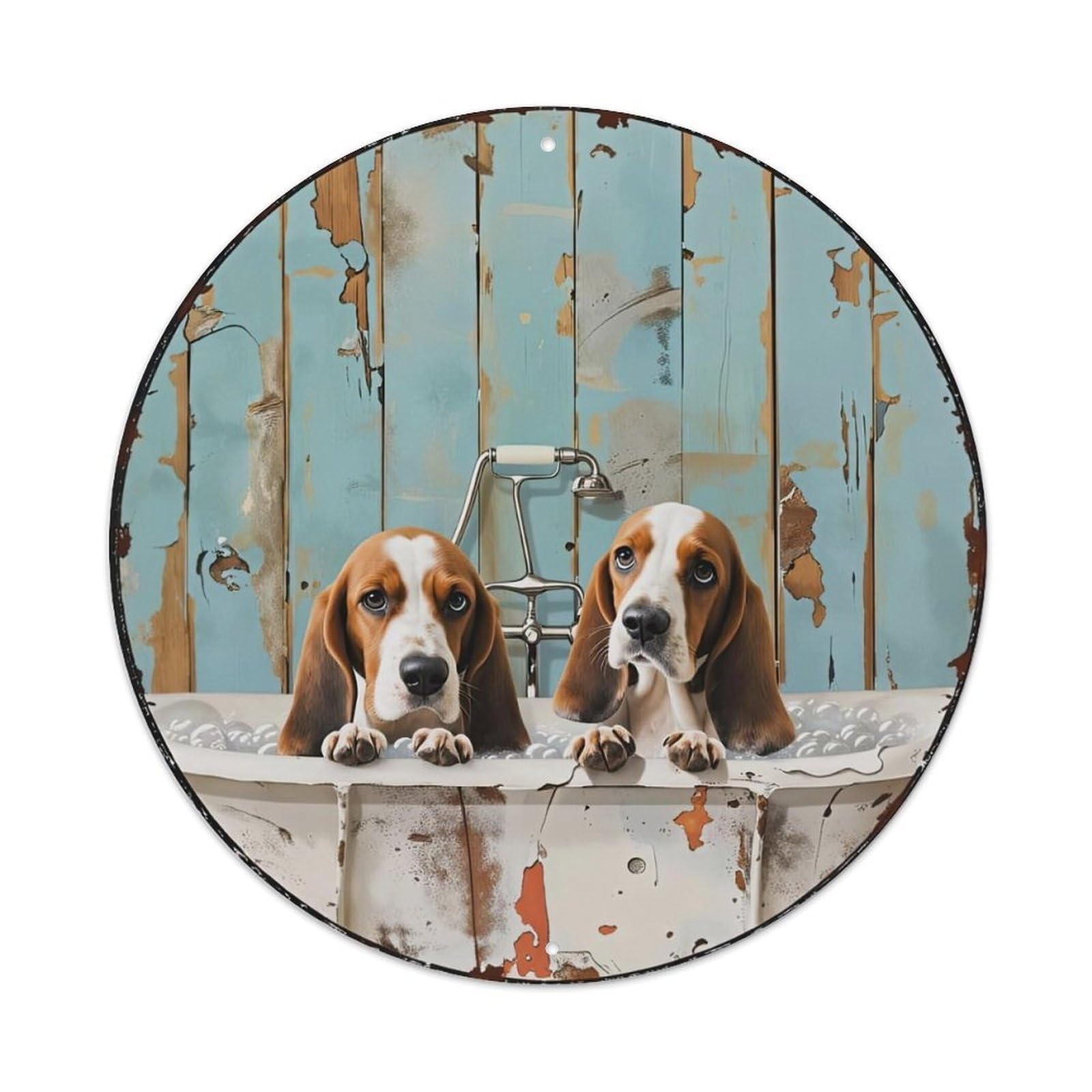 Two Basset Hounds In Bathtub With Rustic Metal Tin Sign