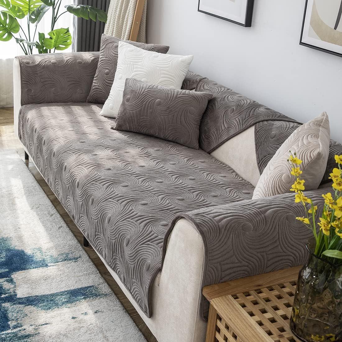 Solid Soft Plush Slipcover Sectional Sofa Slipcover Geometric Quilted L Shaped Sofa Cover Luxury Thick Sofa Slipcover (Grey 1pc/43) (Grey 1pc/36)