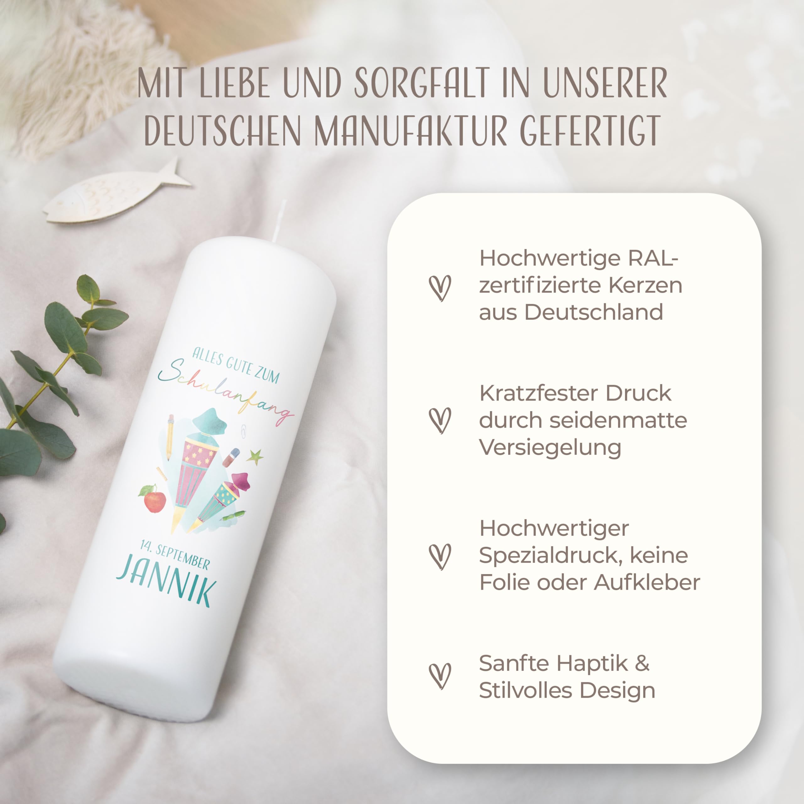 AMARI ® Schulanfangskerze personalisiert 25/8 cm - Individuelle Kerze mit Namen & Aufschrift zur Einschulung - Geschenk zum Schulstart