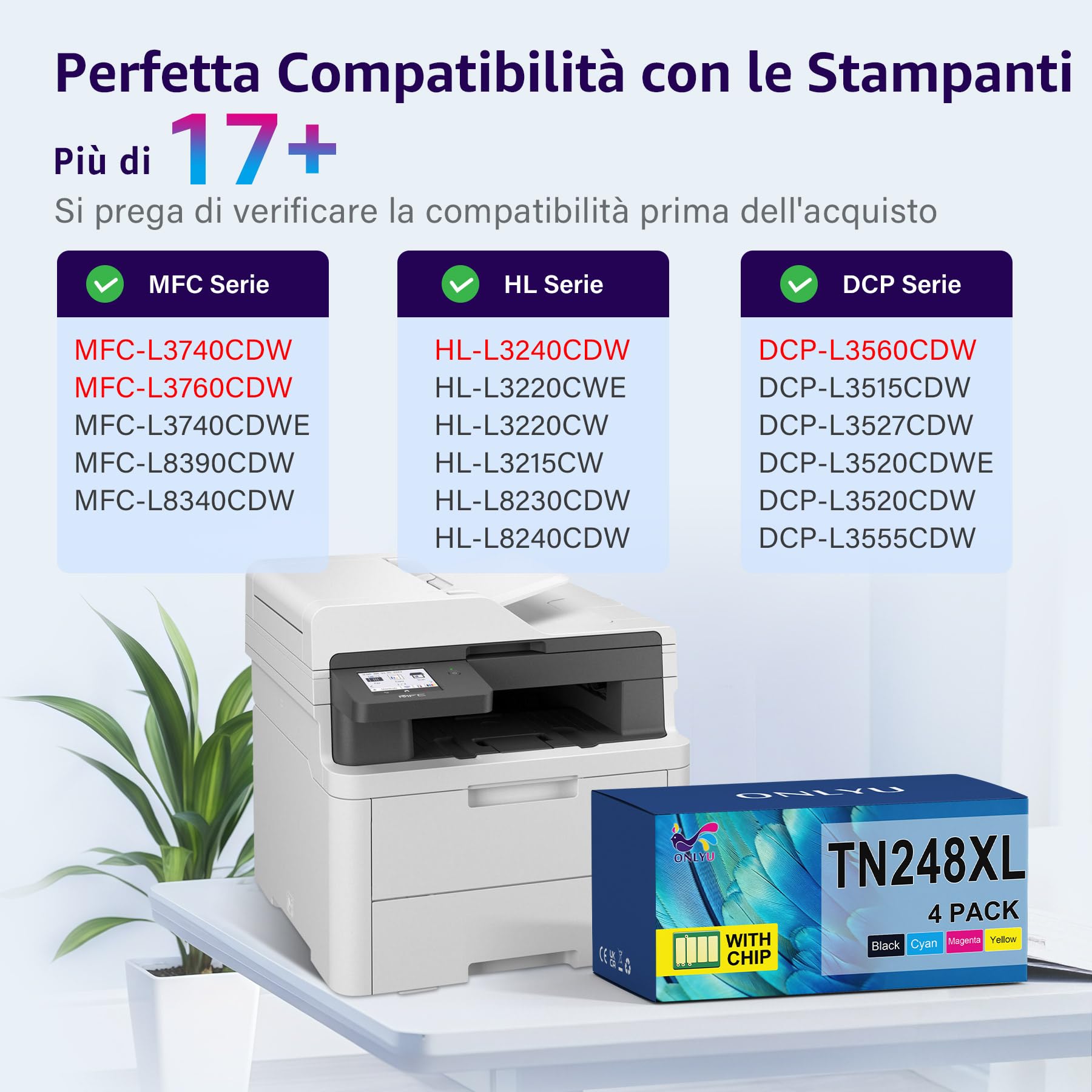 ONLYU TN248XL TN248 Compatibili per Brother TN248 TN-248 TN-248CMYK per Toner Brother MFC-L3740CDWE MFC L3740CDWE MFC-L3760CDW HL-L3240CDW DCP-L3560CDW DCP-L3520CDWE HL-L3220CWE MFC-L8390CDW