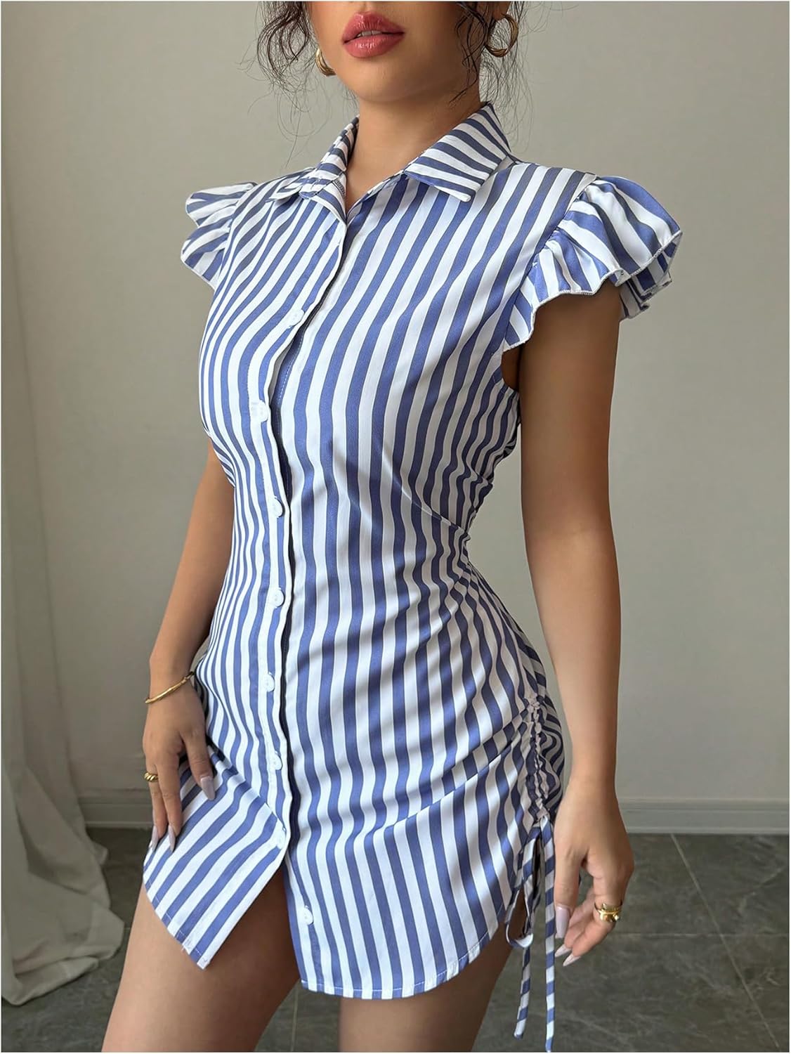 MakeMeChic Women's Striped Button Down Shirt Dresses Ruffle Short Sleeve Collared Mini Dress - Image 3