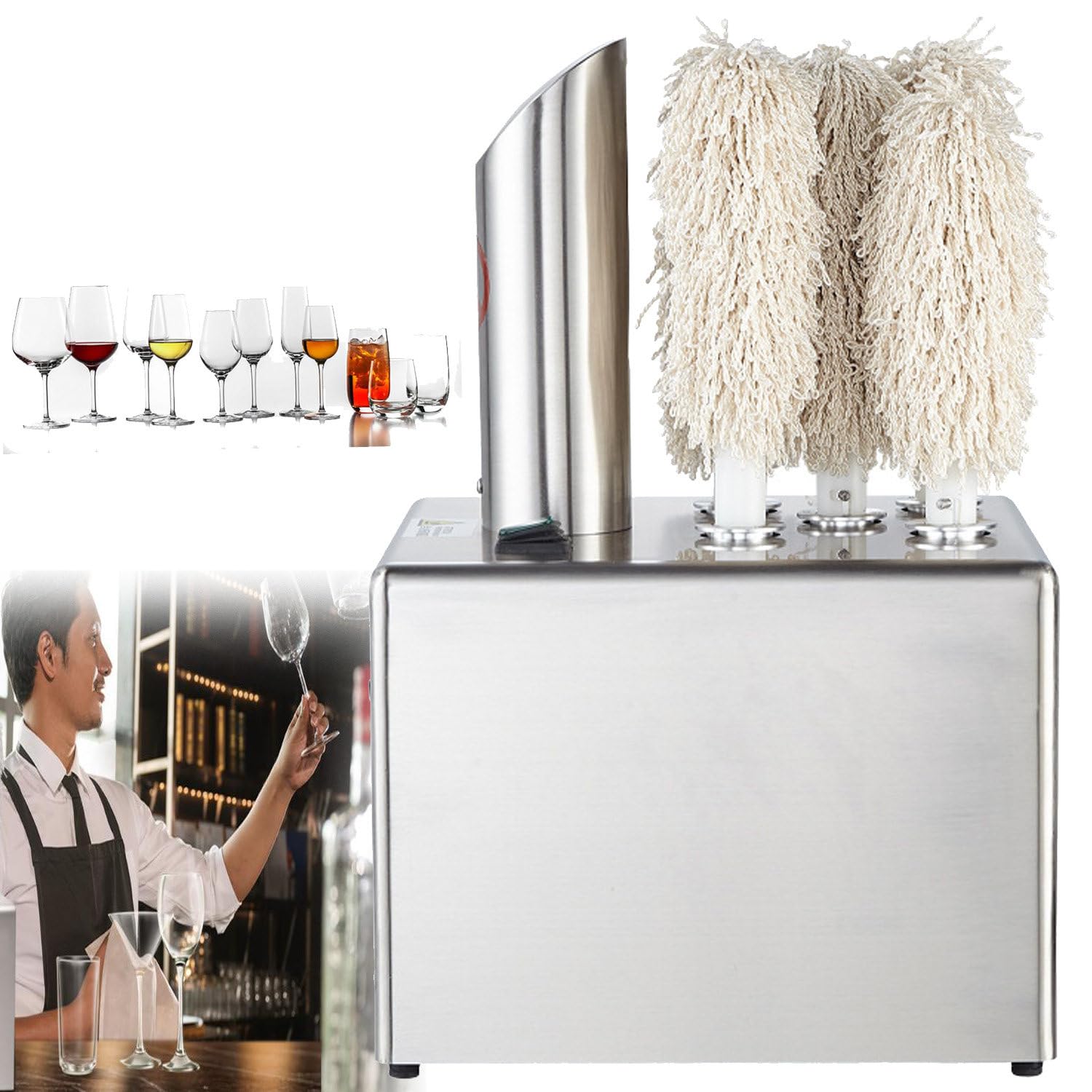 SICWEDIM Commercial Electric Wine Glass Polishers and Stainless Steel Glassware Polishers,5/8 Heads 2-in-1 Wiping Machine,for Wine Glass/Champagne Glass (5heads)
