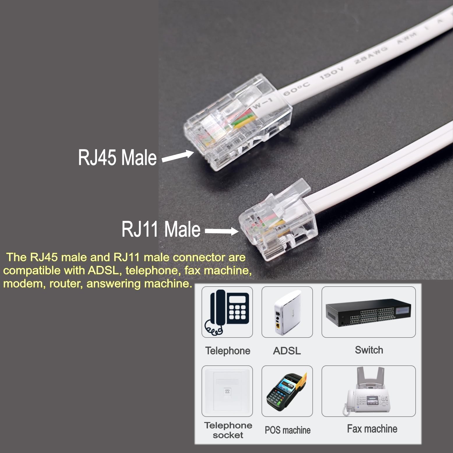 JZK 1.5m Blanc RJ11 vers RJ45 câble, cordon raccordement Ethernet, cordon raccordement téléphonique ADSL 6P4C vers 8P8C, rallonge réseau plate pour VoIP, fax, téléphone, ligne fixe, modem, routeur
