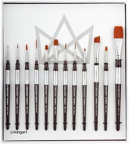 KINGART 1070B Premium 12 Pc. Pinceles de pintura acrílica de precisión para artistas, mango corto y cómodo, pelo sintético Taklon para pinturas