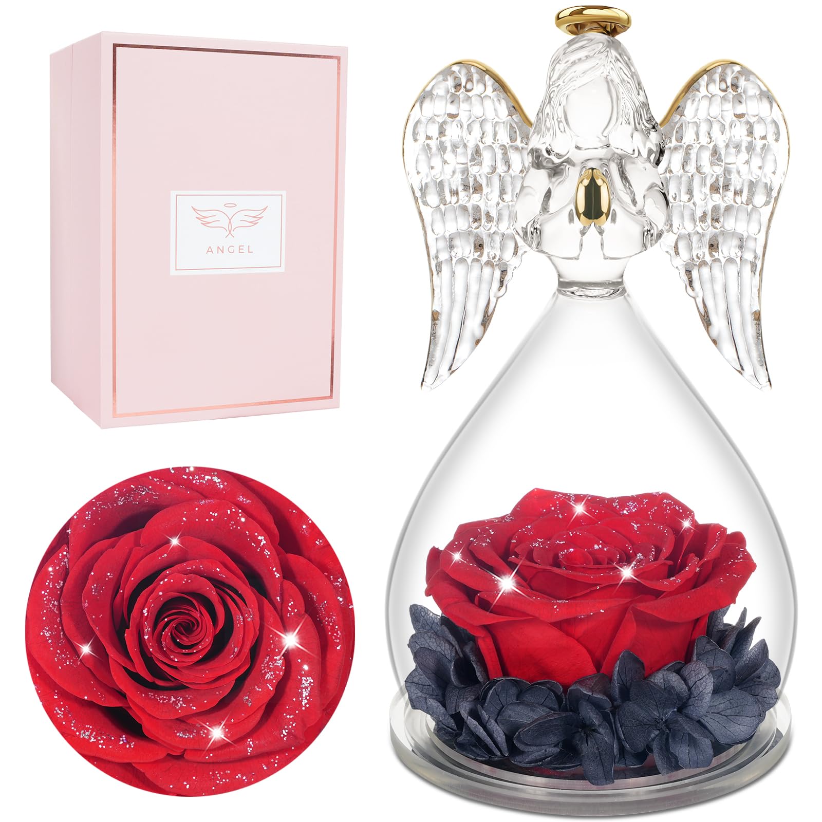Miofula Figura De Ángel Con Rosa Eterna Y Luces LED - Regalo Para Mujer, Madre, San Valentín - Decoración Romántica