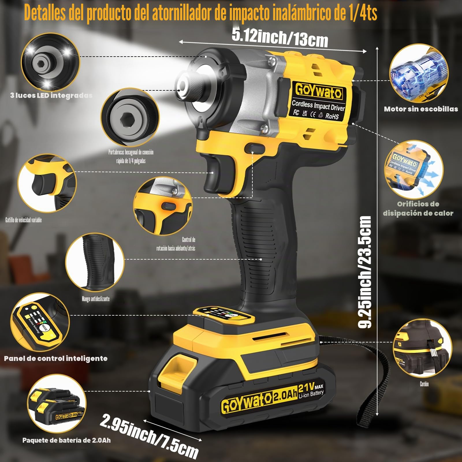 Atornillador de Impacto 320 Nm, Portapuntas de 1/4", Motor sin Escobillas, 21V Destornillador de Impacto con 2 Baterías de 2,0 Ah & 9 Dados & 10 Puntas de Destornillador para Bricolaje