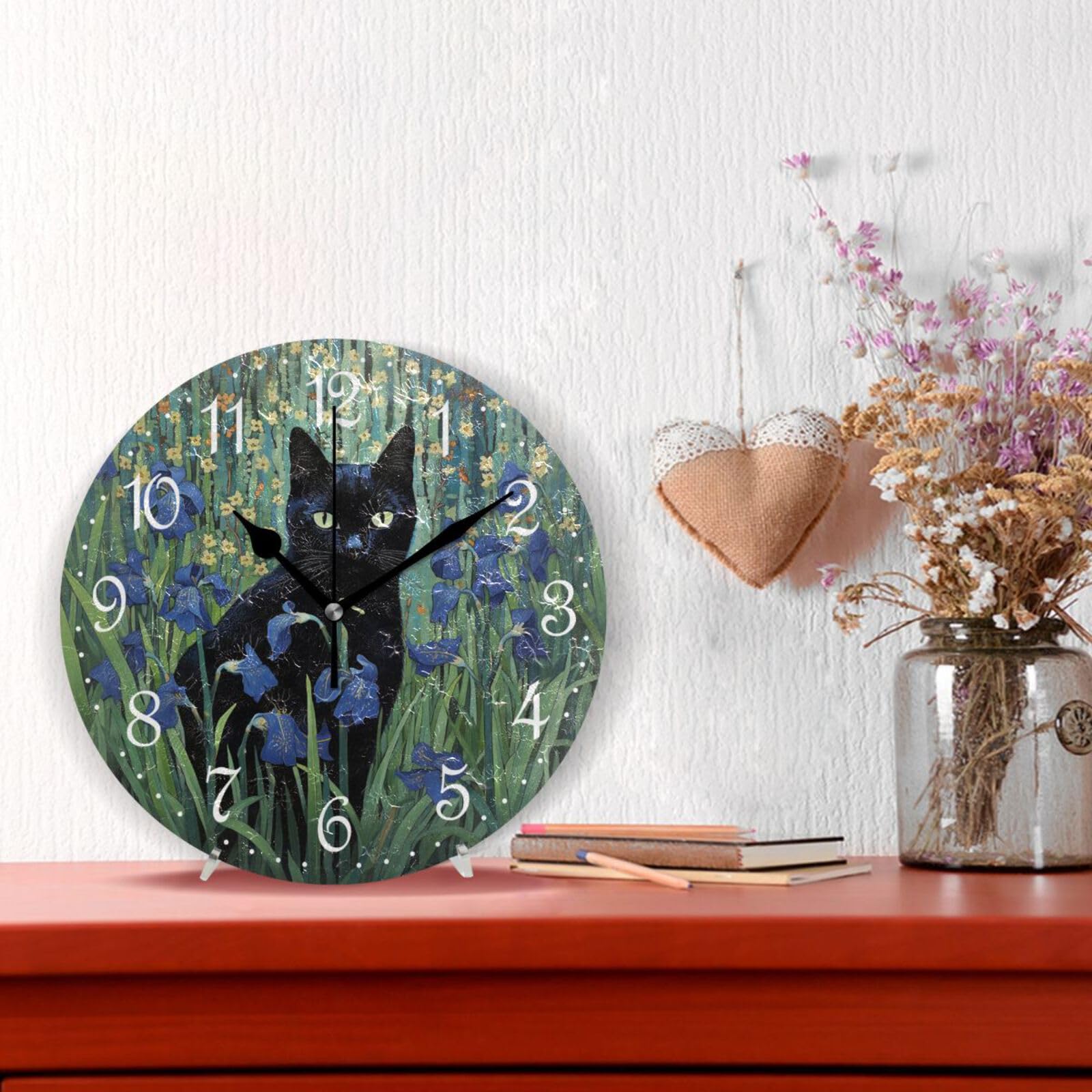 Mnsruu Orologio da parete a forma di gatto nero con fiore viola, silenzioso, senza ticchettio, funzionamento a batteria, 25 x 25 cm