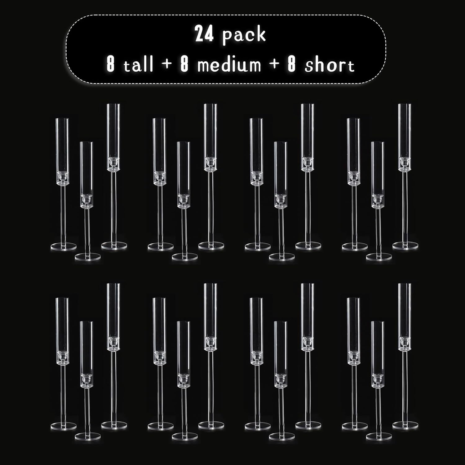 Vincidern 24pcs Taper Candle Holder Acrylic Candlestick Holder Clear Set for Table Centerpiece, Long Candle Stick Candle Stand Cylinder Shade for Wedding Party Dining Room Decor