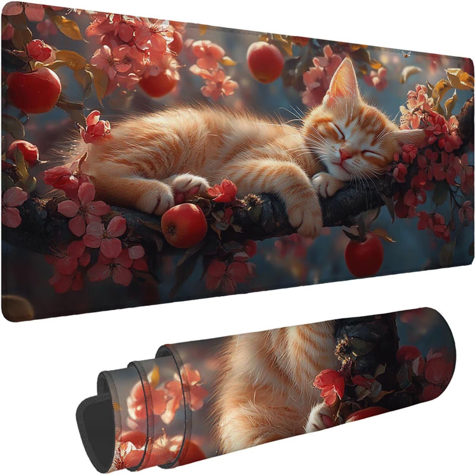 Gamingowa podkładka pod mysz 1200 x 600 x 3 mm, XXL, wodoszczelna, odporna na ścieranie, z przyszytymi krawędziami, podkładka na biurko, poprawia prędkość i precyzję, do laptopa, komputera, wzór kota