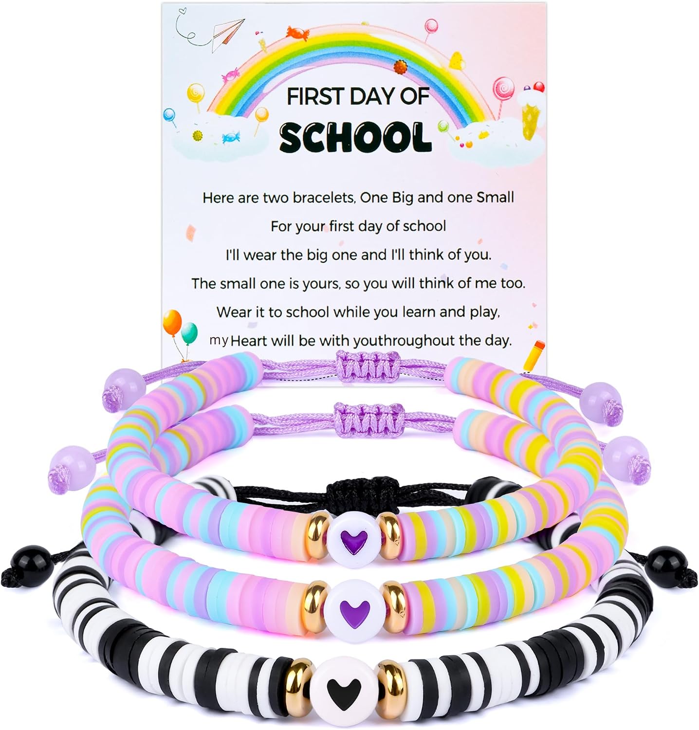 First Day of School Mommy and Me Matching Bracelets Kindergarten Pre-K Back to School Clay Bead Jewelry for Mother, Daughter, Dad, Son Adjustable Heart Bracelets Gift