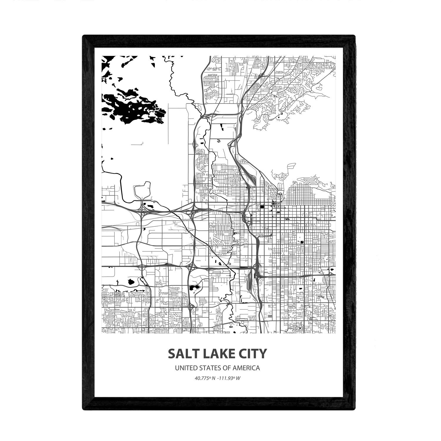 Nacnic Poster with map of Salt Lake City - USA. Sheets US cities with seas and rivers in black color. A3 size — image 1