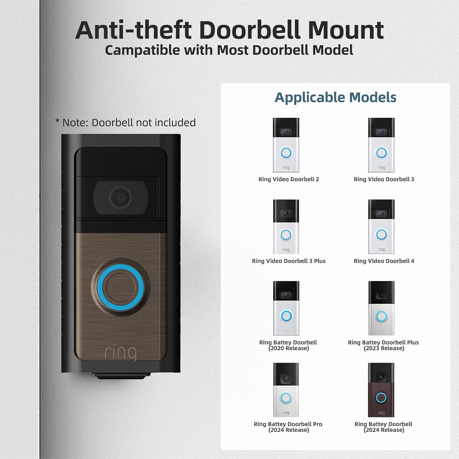 ZOPPEN No Drill Ring Doorbell Mount for Ring Battery Video Doorbell 2/3/4/Pro (2024 Release), Adhesive Mouting Bracket Door Bell Cover Holder for Apartment Security