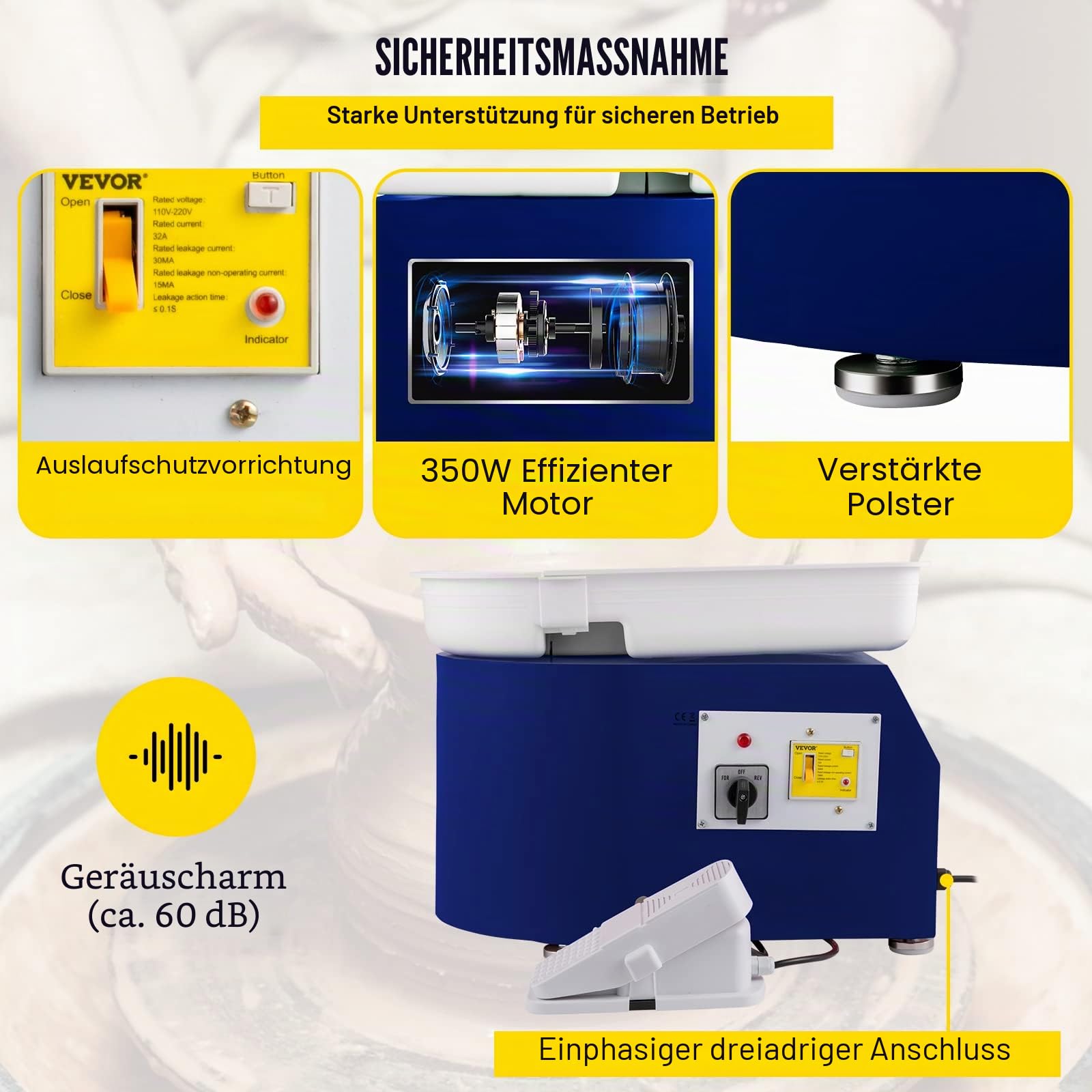 VEVOR Töpferscheibe 350 W, Keramik Rad Maschine 220 V, Elektrische Töpferscheibe 28 cm Plattenteller, Fußpedaleinstellung, 60 dB, Drehscheibe Töpferei Kunstwerk DIY Basteln 300 U/min, Blau, 13,3 kg