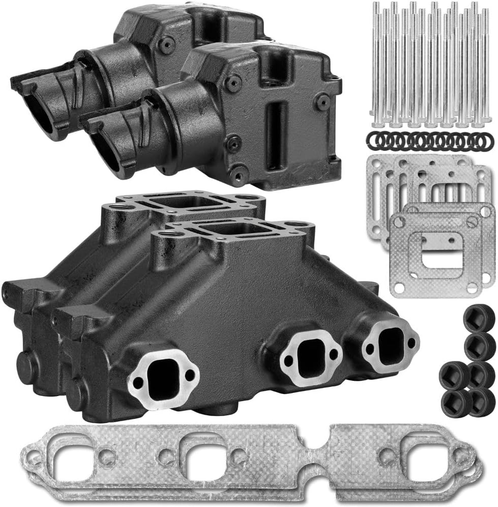 4.3L Mercruiser Exhaust Manifold & Elbow Riser Set with Gaskets, Bolts, and Plugs - Fits Mid 1980's to 2002 Engines - Wet Joint - Replaces Mercury 99746A17, 807988A03