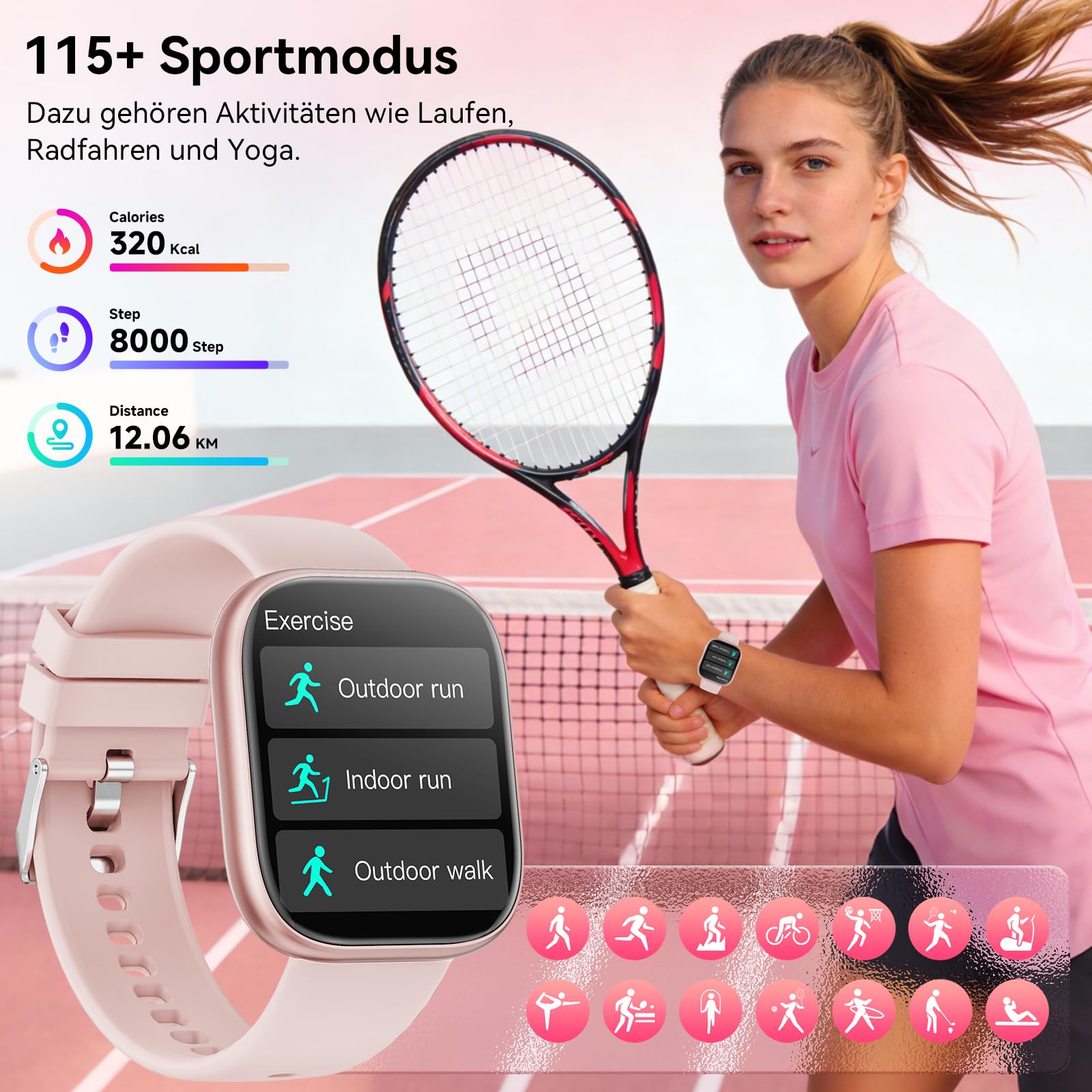 Smartwatch Damen mit 7 Armbänder & Geschenkbox, 1.83" HD Smartwatch mit Bluetooth-Anruf, Fitness Tracker mit SpO2, Pulsmesser, Schlafmonitor, Schrittzähler, IP68 Wasserdicht, 100+ Sportmodi(Hellrosa)