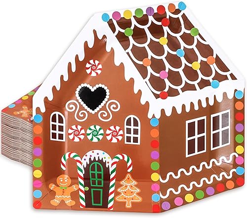 Whaline 25 platos de papel de Navidad con forma de casa de jengibre, platos desechables coloridos de Navidad para suministros de fiesta de invierno,