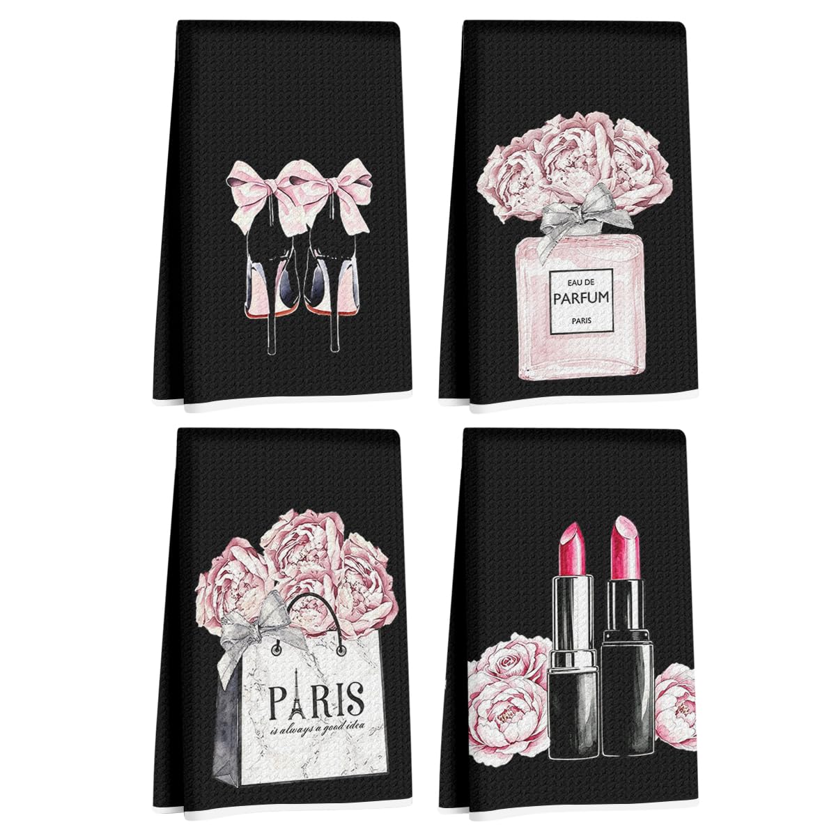 4 Pcs Black Fashion Hand Towels, Perfume Bow Decor Reusable Dish Towels