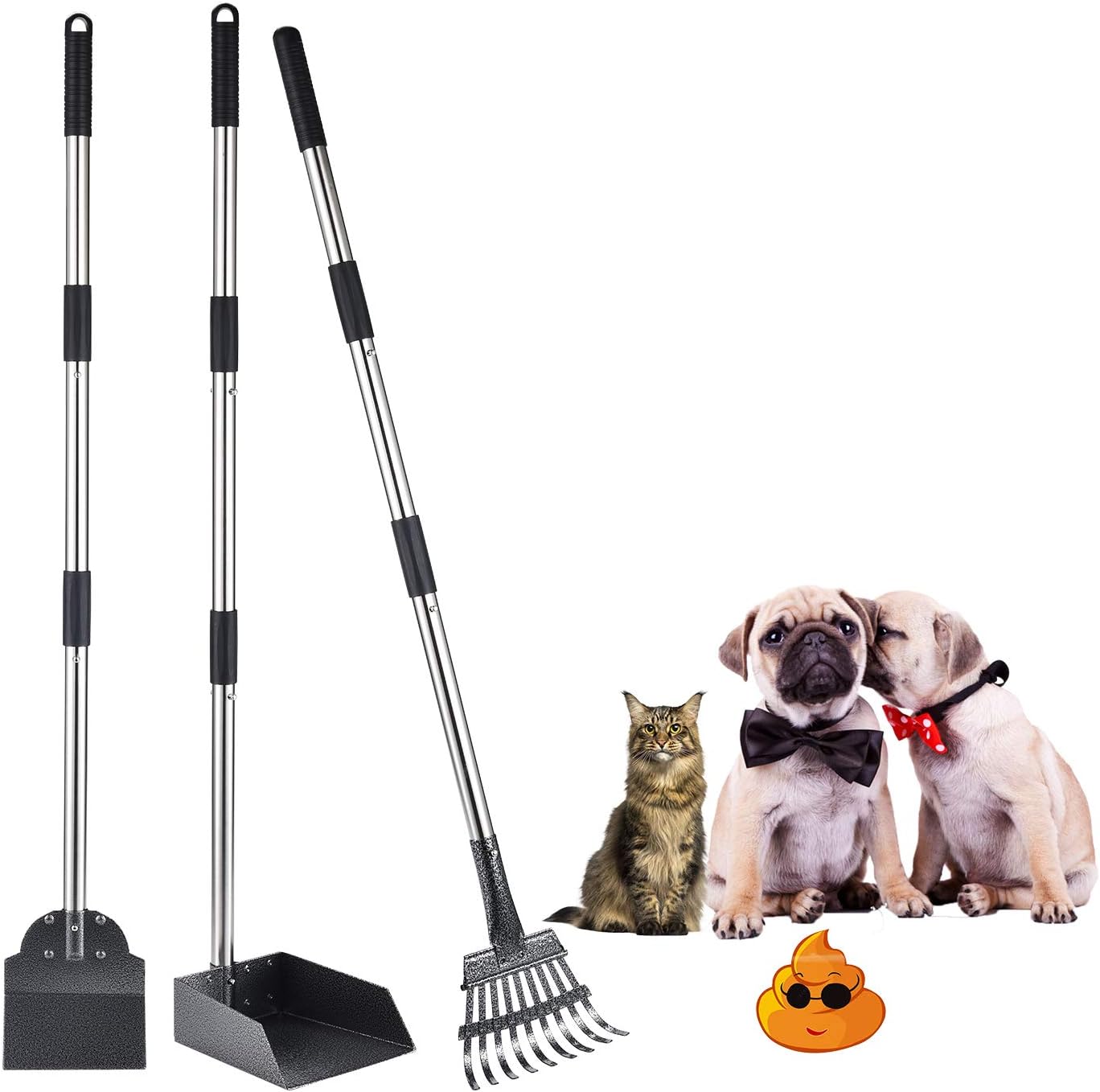 NuLink Poop Scooper for Dogs, Pet Poop Tray, 3pcs Adjustable Stainless Steel Handle Rake, Tray and Spade Set for Dogs Cats Poop Waste Removal