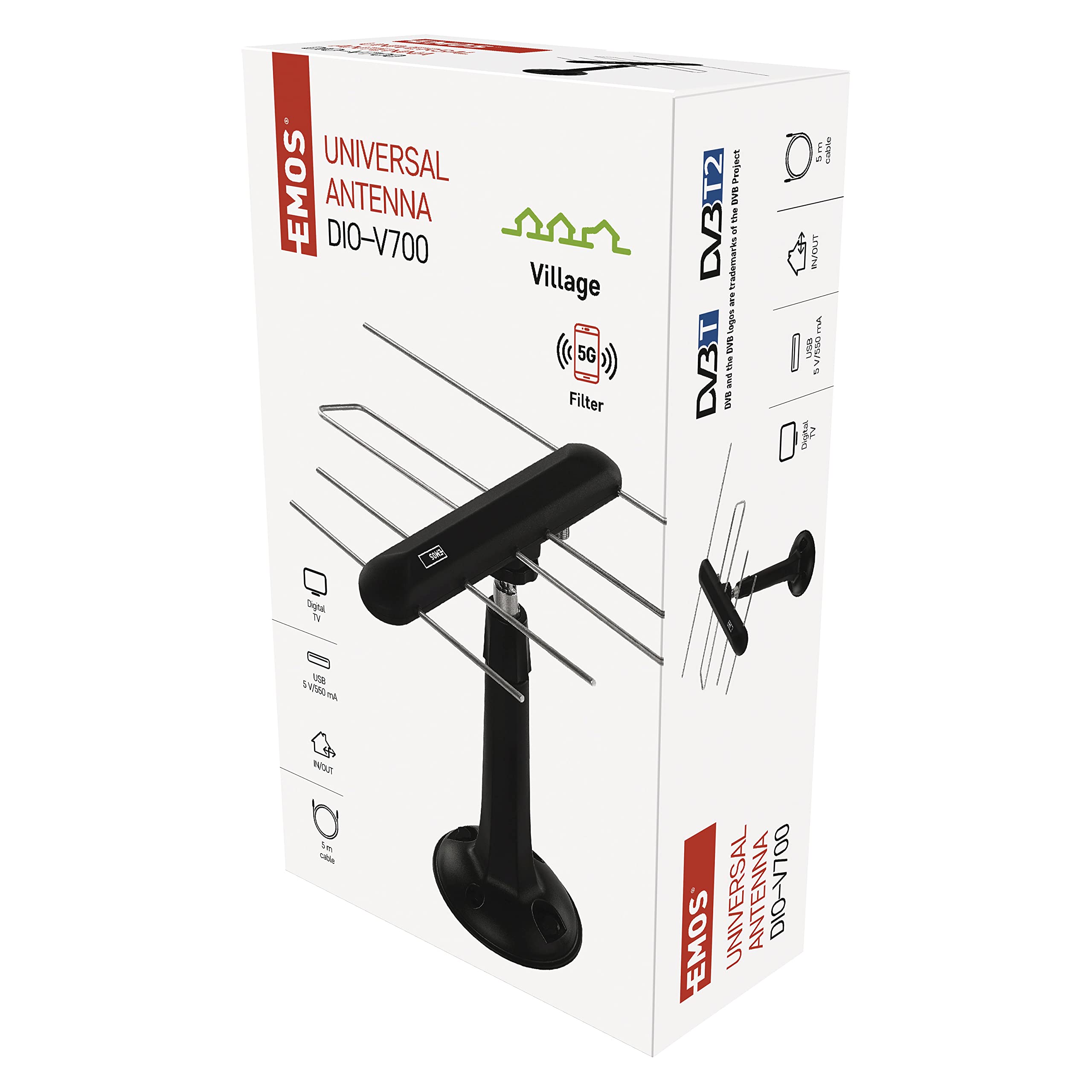 EMOS DVB-T2 J0685 Antenna TV digitale universale per interni ed esterni con filtro 5G e amplificatore per HDTV/ricevitore con qualità del segnale Full HD, 0-80 km di trasmettitore